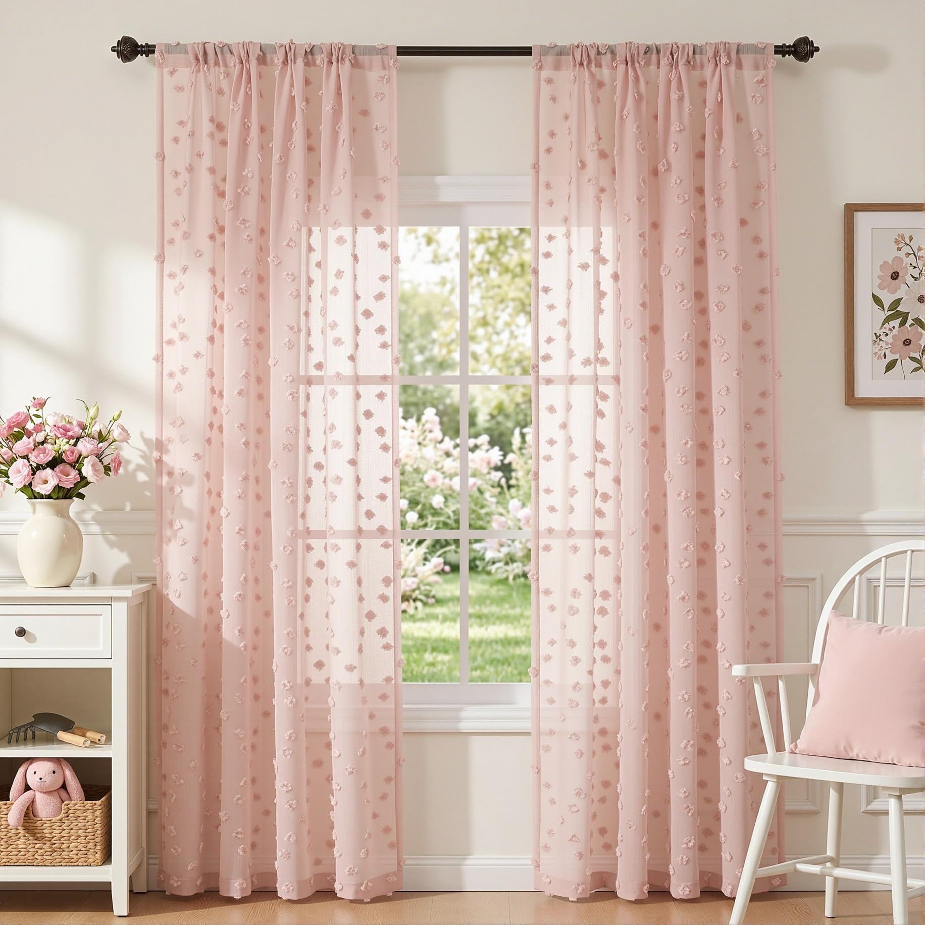 2 Panels 52"W x 84"L Dusty Rose Pom Pom Sheer Curtains Rod Pocket Light Filtering Boho Window Drapes for Girls Bedroom Nursery Kids Room