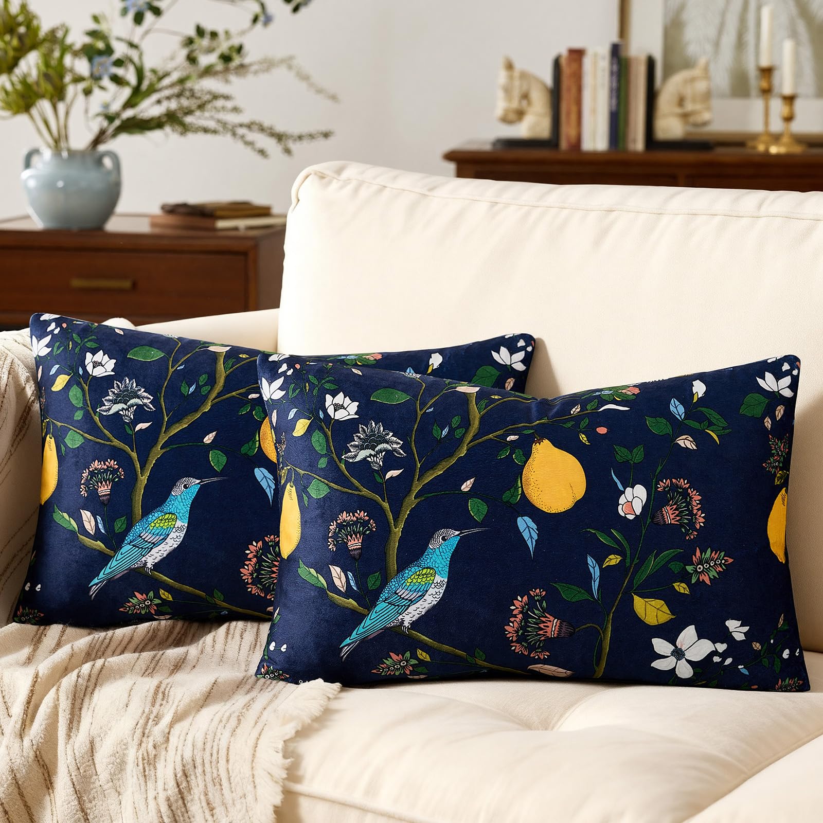 Mustard Yellow Floral Pillow Covers 18x18 Set of 2, Velvet Wild Flower Plant Throw Pillows Case, Square Farmhouse Decor Cushion Covers for Home Sofa Bed Couch