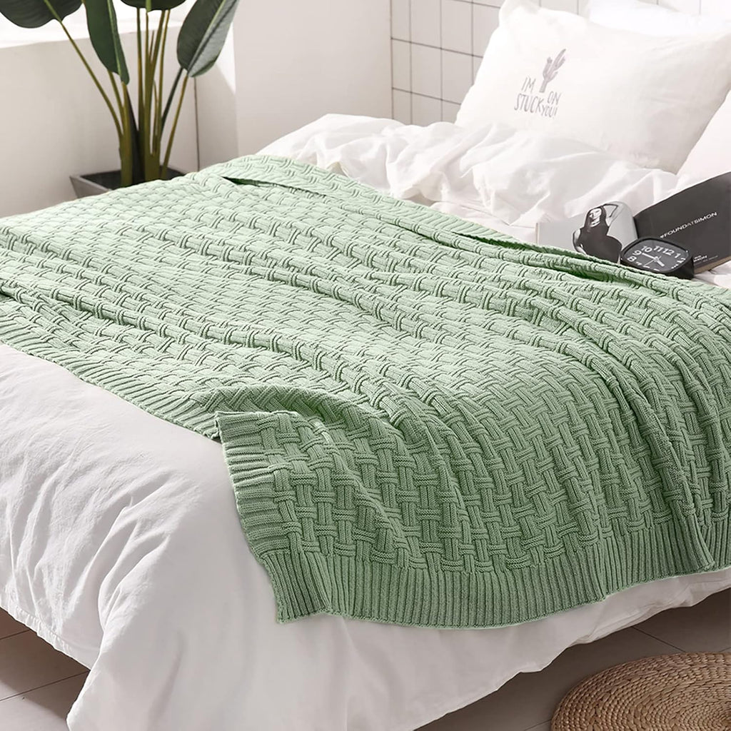 TREELY 100% Cotton Knitted Throw Blanket Couch Cover Blanket(60 x 80 Inches, Light Sage Green)