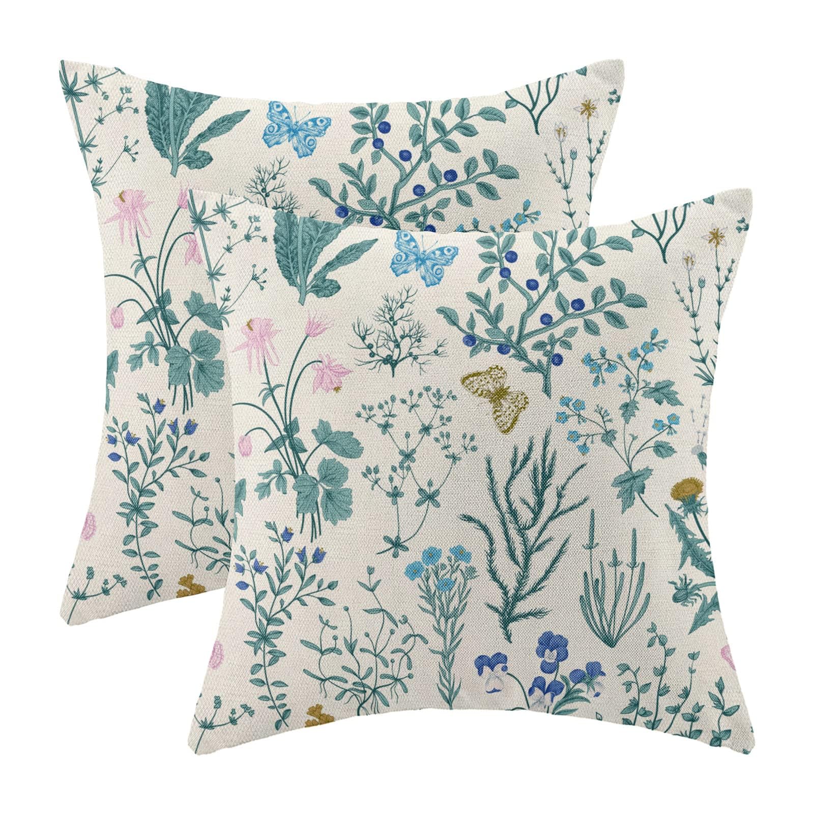 AEIOAE Spring Pillow Covers 18x18 Inch Set of 2,Sage Green Wild Flower Plant Throw Pillows Case,Seasonal Floral Outdoor Decorative Square Linen Farmhouse Decor Cushion Covers for Home Sofa Bed Couch