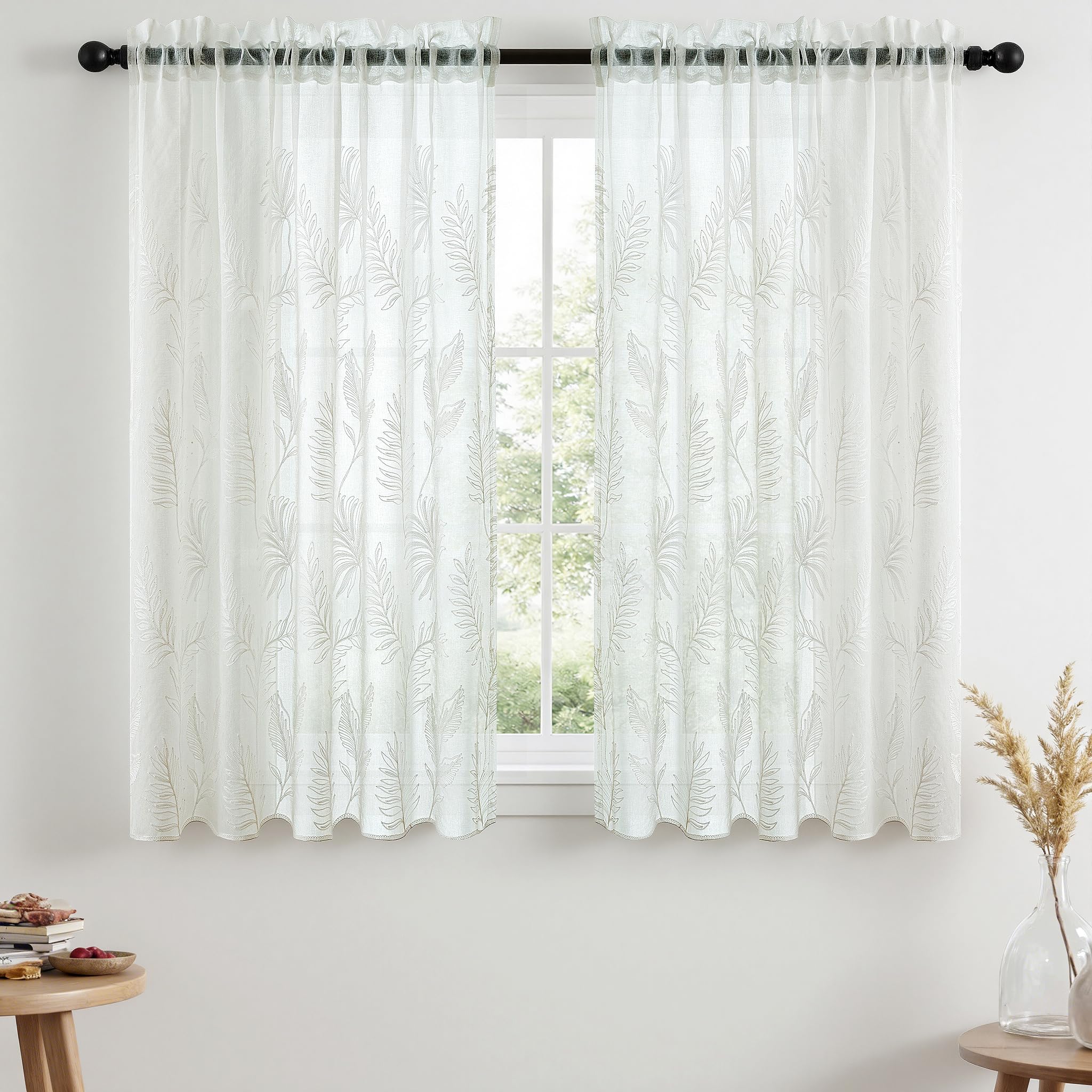 VISIONTEX 2 Panels Sheer Curtains 84 Inches Long, Cream Beige Floral Leaf Embroidered Semi Sheer Voile Curtains, Rod Pocket Light Filtering Window Drapes for Bedroom Living Room 54W x 84L