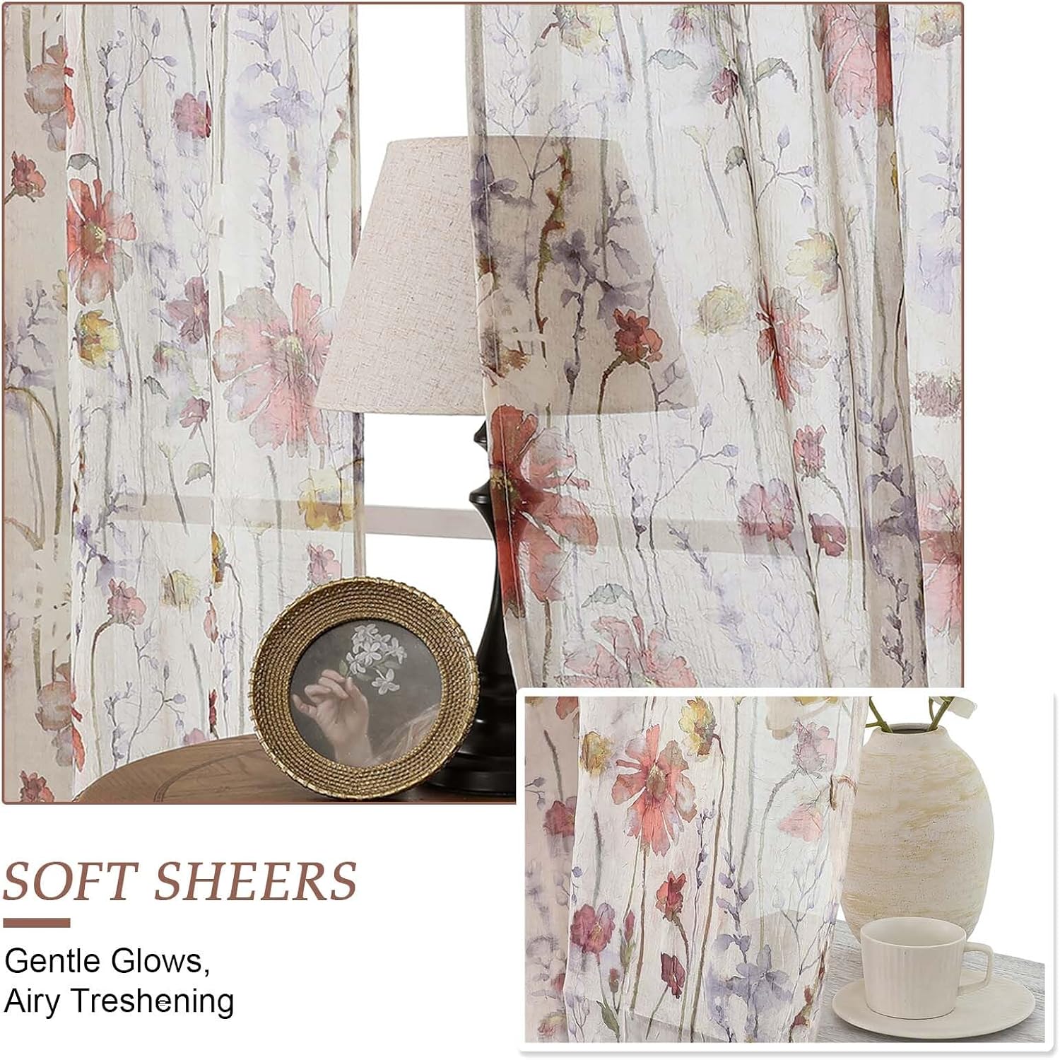 Lecloud Crushed Sheer Curtains 84 Inches Long 2 Panels, Airy Light Filtering Voile Floral Curtains for Living Room, Rod Pocket Romantic Window Curtain Drapes for Bedroom Dining Room, 42" W x 84" L