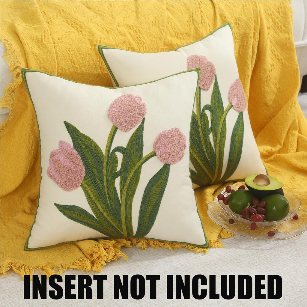 Pack of 2 18x18 Inch Embroidered Pink Tulip Green Leaves Tufted Throw Pillow Covers Square Floral Farmhouse Decor Cushion Cases