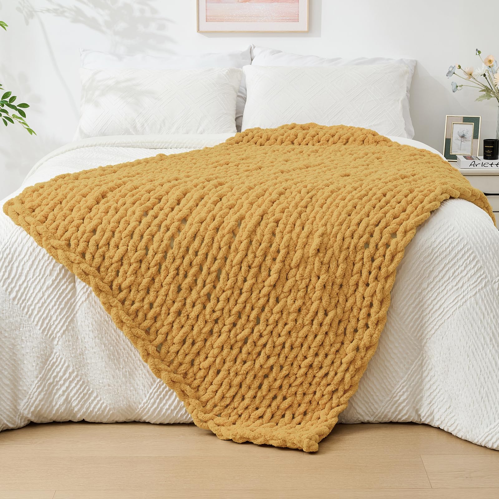 Bigacogo Chunky Knit Throw Blanket for Couch, 40x40 inches, 100% Hand Knitted with Thick Jumbo Chenille Yarn, Cozy Soft Large Rope Knot Cable Crochet Blankets for Sofa Bed Living Room, Dusty Blue