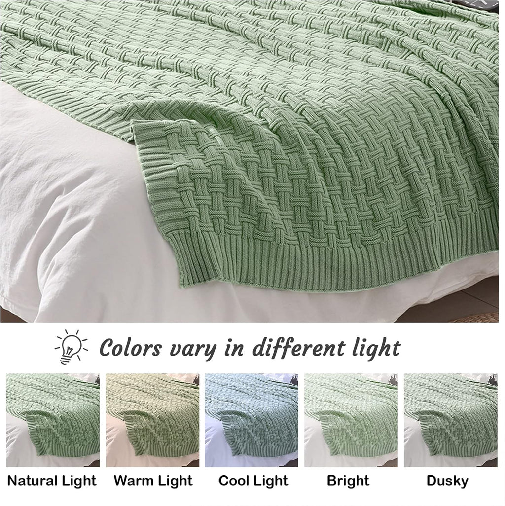 TREELY 100% Cotton Knitted Throw Blanket Couch Cover Blanket(60 x 80 Inches, Light Sage Green)