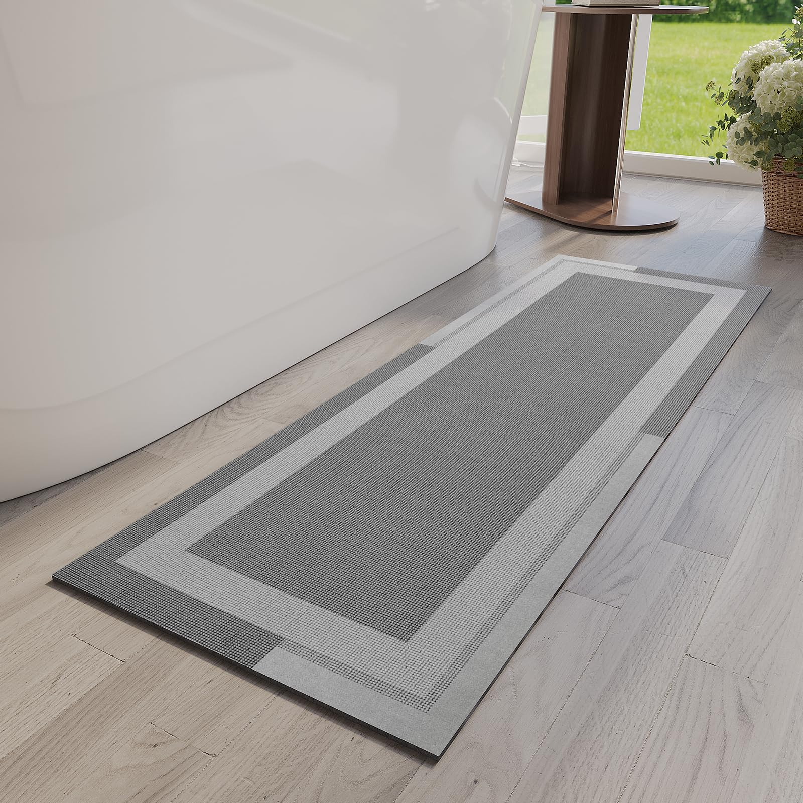 YDKGL Non Slip Bath Mat, Rubber Backing Ultra Thin Bathroom Rugs Fit Under Door Quick Dry Super Absorbent Washable Bath Rug Shower Mat for Bathroom Floor Bathtub Shower Sink, Easy Care Gray 16"x 24"