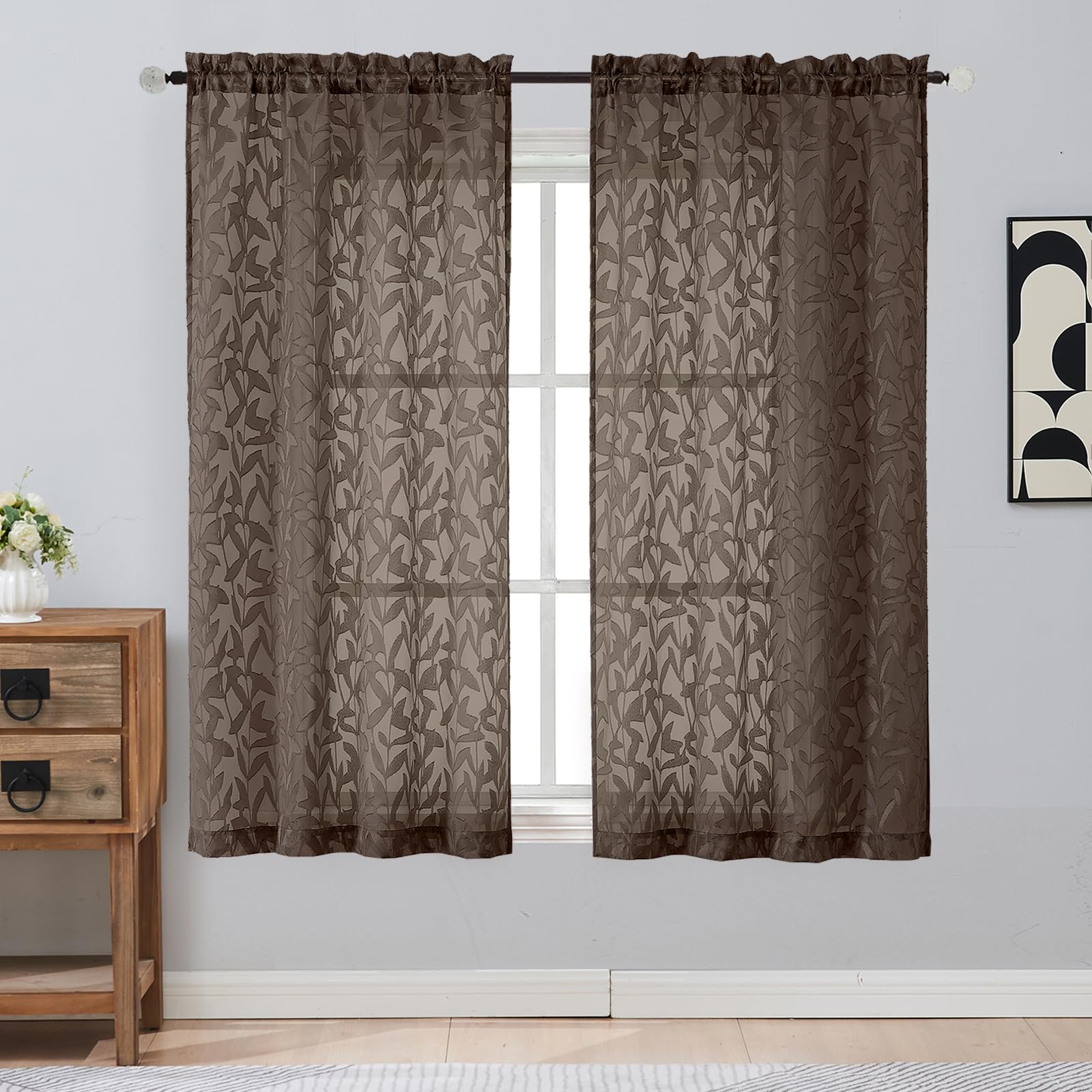 Gwine Sage Green Curtains 84 Inches Long 2 Panels Set, Light Filtering Soft Lightweight Sheer Curtains, Leaf Clip Jacquard Textured Curtain for Bedroom Living Room, 42Wx84L Inches, 2PCS