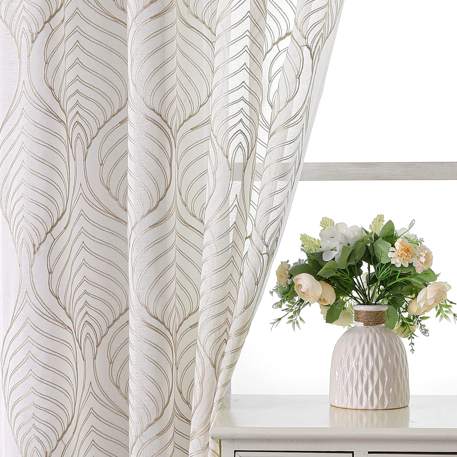 VISIONTEX White Sheer Curtains 84 Inches Long 2 Panels, Light Filtering Grey Moroccan Trellis Embroidered Semi Sheer Voile Drapes, Rod Pocket Textured Window Curtain for Bedroom Living Room 54W x 84L