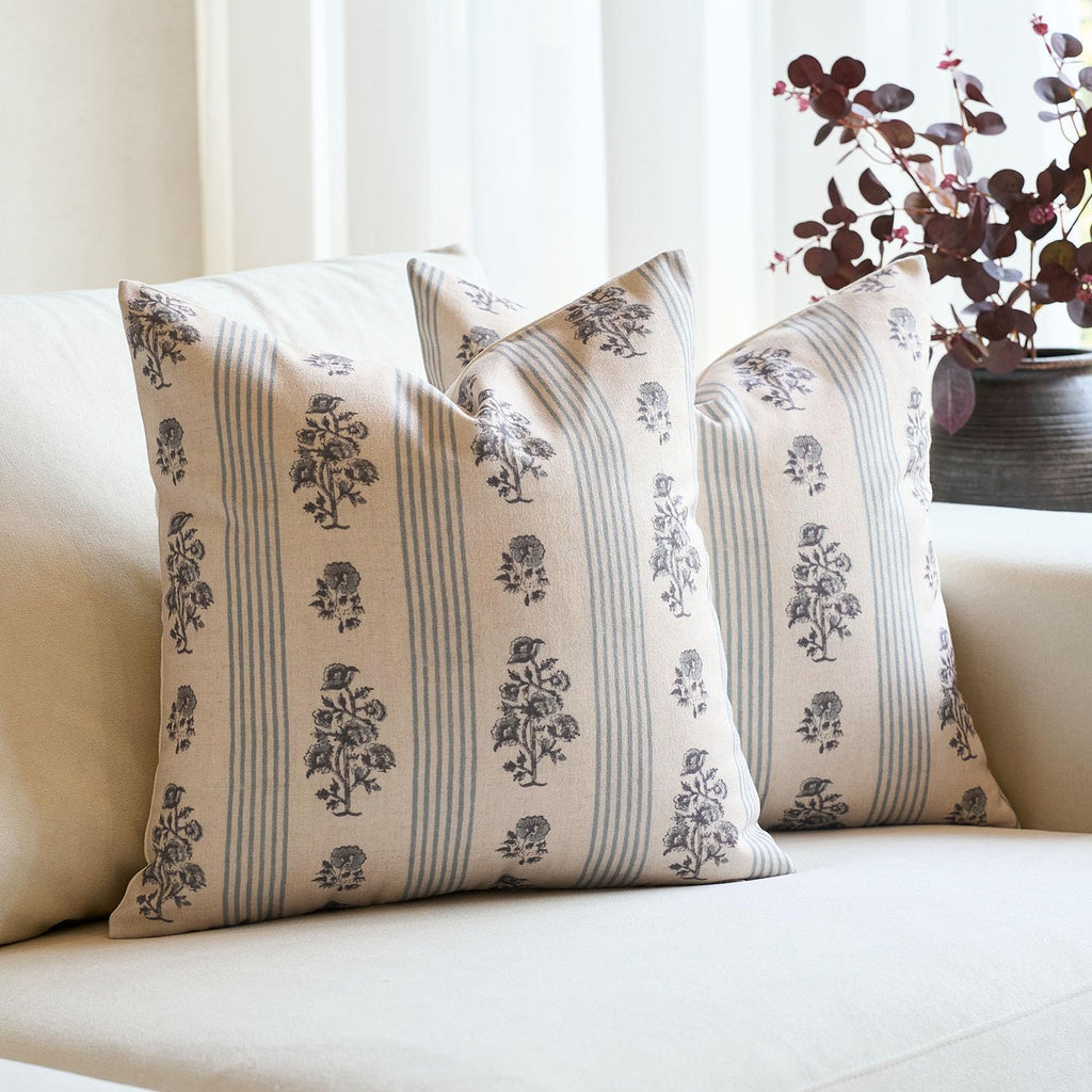Amor Virisso Farmhouse Floral Throw Pillow Covers 18x18 Set of 2 Block Print Pillow Covers Neutral Boho Floral Striped Decorative Pillow Covers for Sofa Couch Bed, Brown