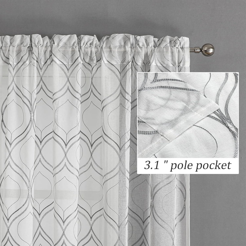 VISIONTEX White Sheer Curtains 84 Inches Long 2 Panels, Light Filtering Grey Moroccan Trellis Embroidered Semi Sheer Voile Drapes, Rod Pocket Textured Window Curtain for Bedroom Living Room 54W x 84L