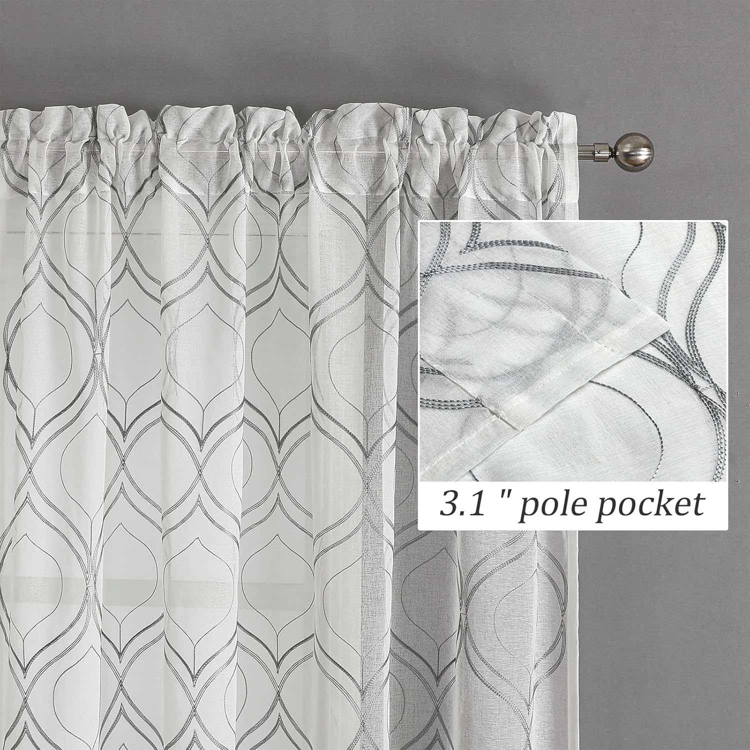 VISIONTEX White Sheer Curtains 84 Inches Long 2 Panels, Light Filtering Grey Moroccan Trellis Embroidered Semi Sheer Voile Drapes, Rod Pocket Textured Window Curtain for Bedroom Living Room 54W x 84L