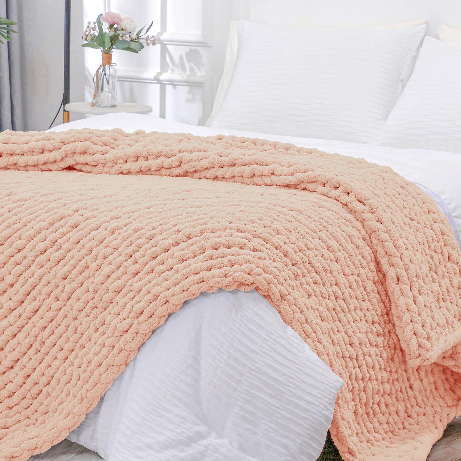 Bigacogo Chunky Knit Throw Blanket for Couch, 40x40 inches, 100% Hand Knitted with Thick Jumbo Chenille Yarn, Cozy Soft Large Rope Knot Cable Crochet Blankets for Sofa Bed Living Room, Dusty Blue