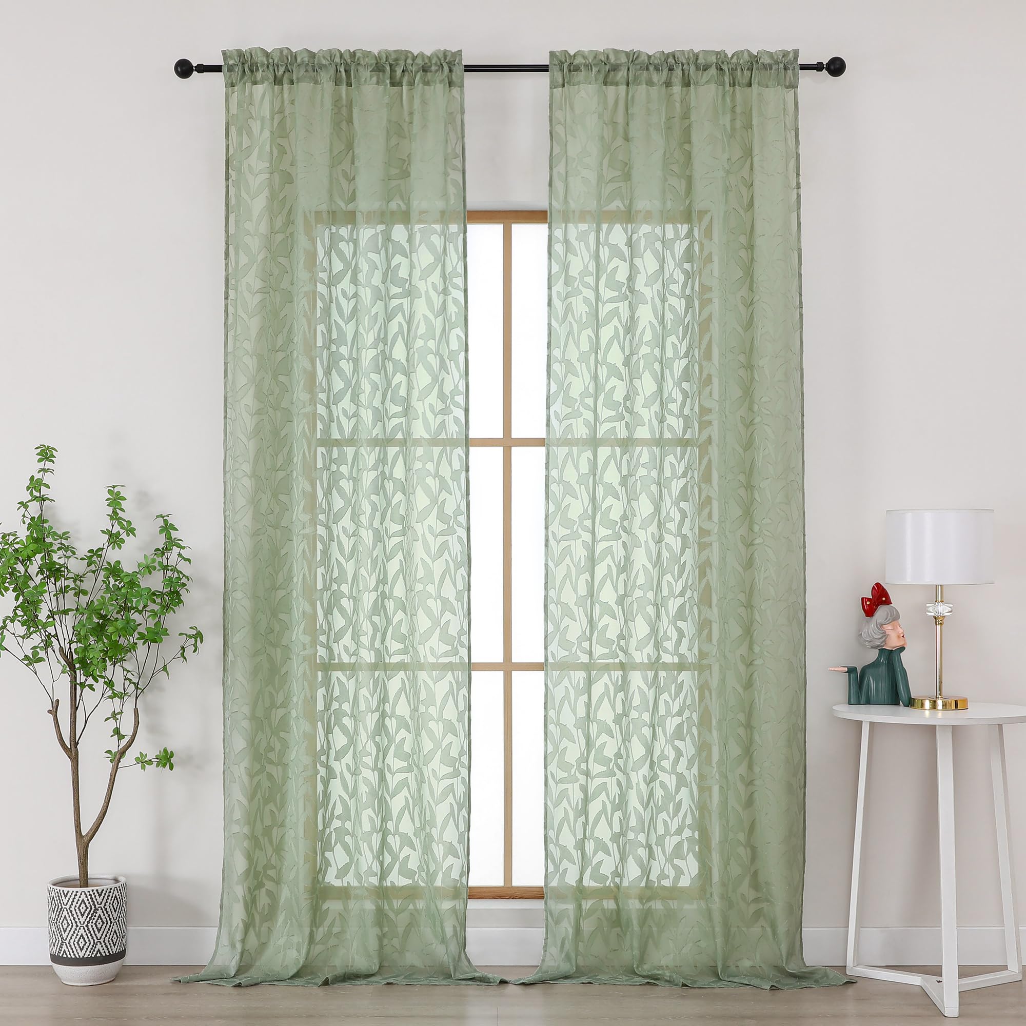 Gwine Sage Green Curtains 84 Inches Long 2 Panels Set, Light Filtering Soft Lightweight Sheer Curtains, Leaf Clip Jacquard Textured Curtain for Bedroom Living Room, 42Wx84L Inches, 2PCS