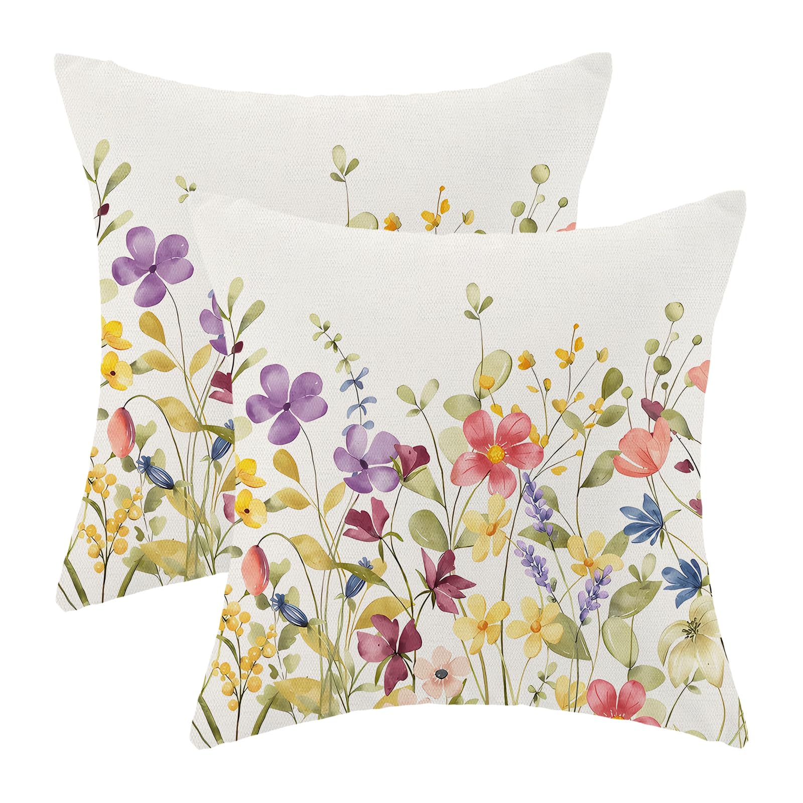 AEIOAE Spring Pillow Covers 18x18 Inch Set of 2,Sage Green Wild Flower Plant Throw Pillows Case,Seasonal Floral Outdoor Decorative Square Linen Farmhouse Decor Cushion Covers for Home Sofa Bed Couch