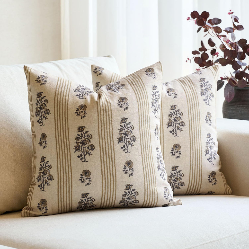 Amor Virisso Farmhouse Floral Throw Pillow Covers 18x18 Set of 2 Block Print Pillow Covers Neutral Boho Floral Striped Decorative Pillow Covers for Sofa Couch Bed, Brown