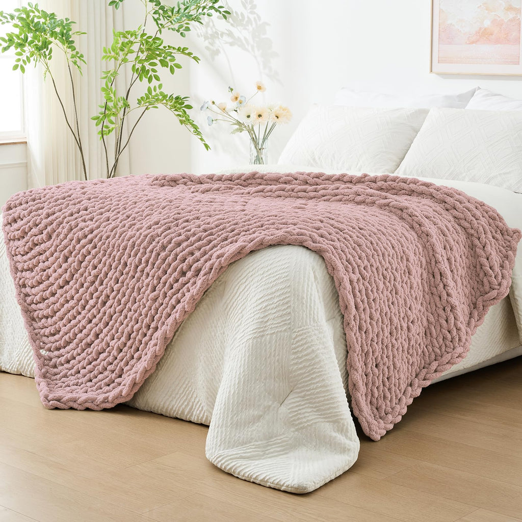 Bigacogo Chunky Knit Throw Blanket for Couch, 40x60 inches, 100% Hand Knitted with Thick Jumbo Chenille Yarn, Cozy Soft Large Rope Knot Cable Crochet Blankets for Sofa Bed Living Room, Beige