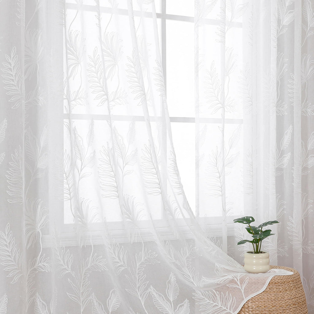VISIONTEX 2 Panels Sheer Curtains 84 Inches Long, Cream Beige Floral Leaf Embroidered Semi Sheer Voile Curtains, Rod Pocket Light Filtering Window Drapes for Bedroom Living Room 54W x 84L
