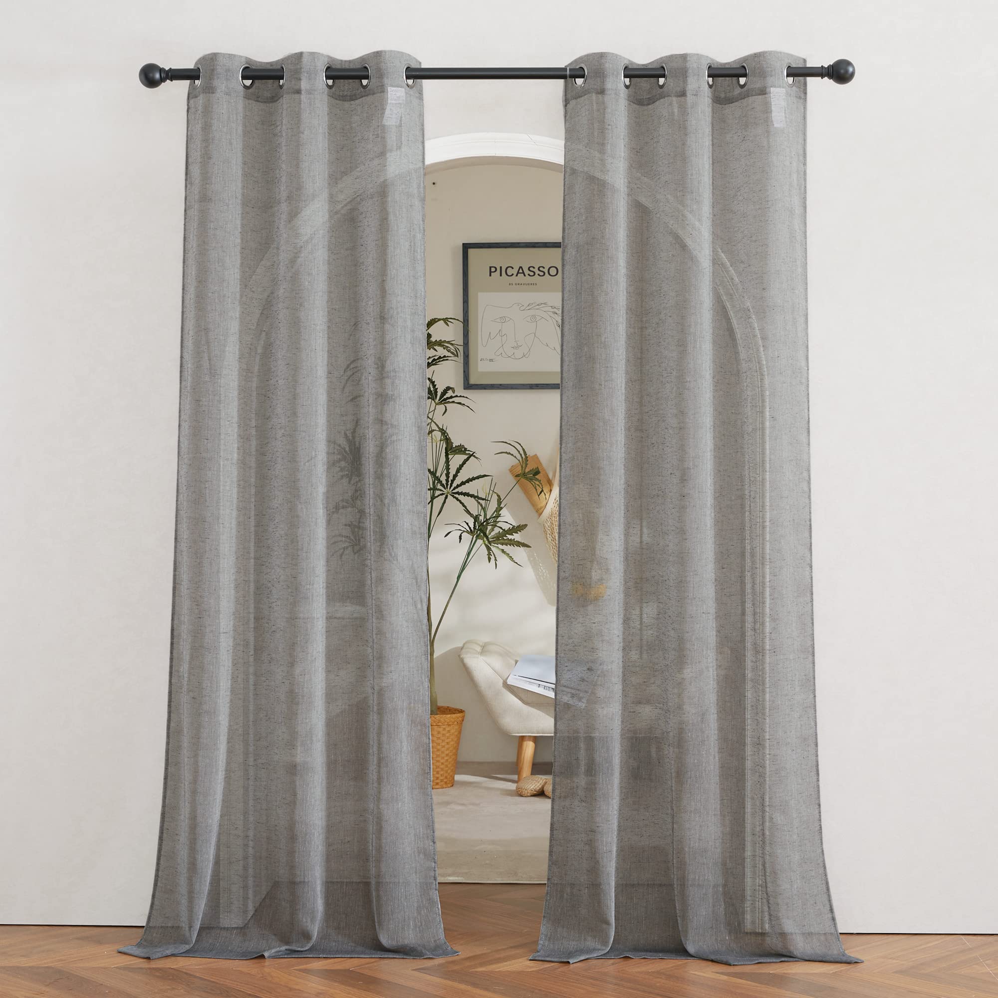 NICETOWN Linen Textured Semi Sheer Curtains 84 inches Length, Eyelet Top Bedroom Window Privacy Translucent Light Filtering Flax Sheer Drapes for Guest Room, 52 inches Wide, 2 Panels, Sea Mist