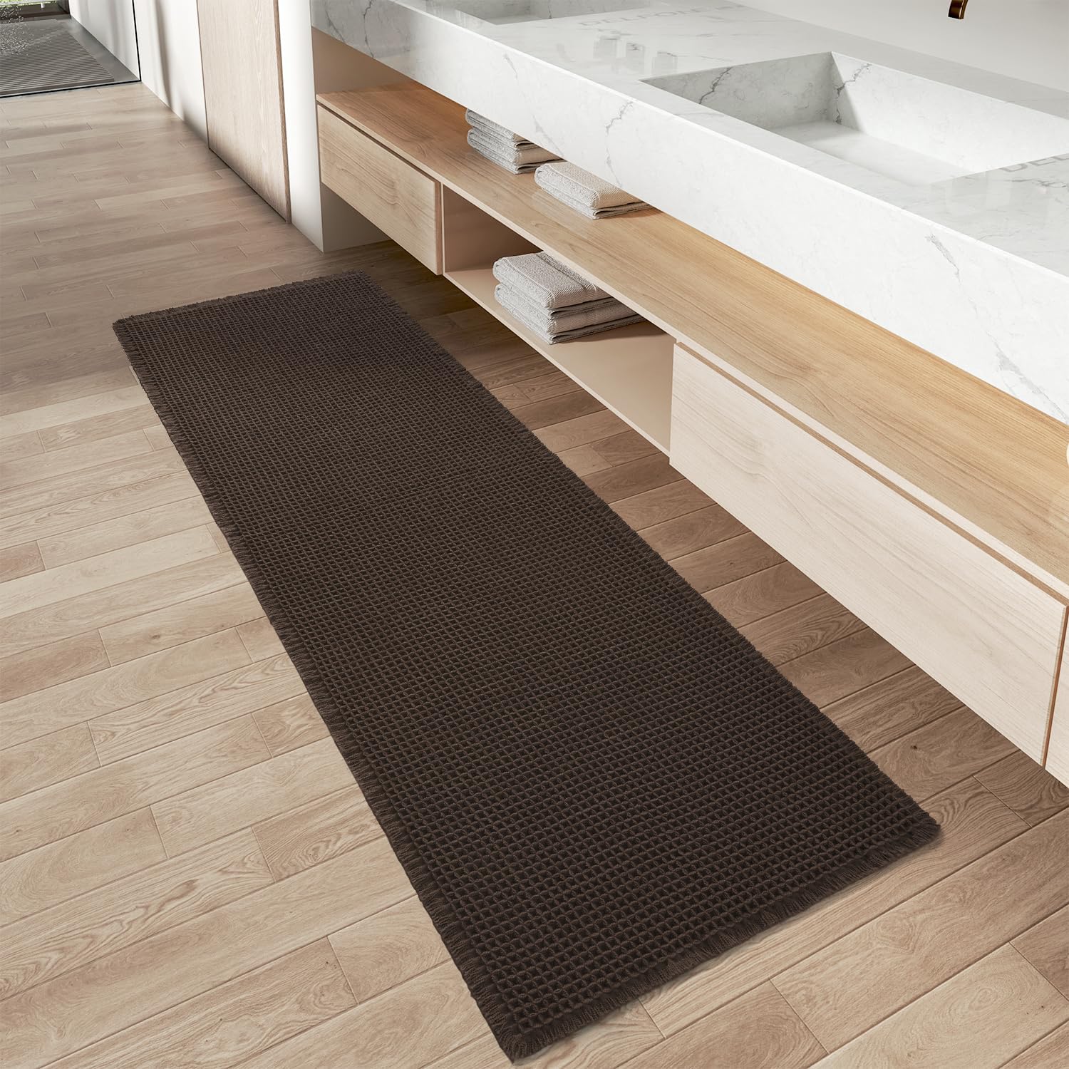 AMOAMI Upgraded Waffle Bath Mat, Super Absorbent Non Slip Bath Mats for Bathroom Floor, Machine Washable Bathroom Rugs with Tassels, Rubber Backed Bathroom Mats, Ultra Soft, 17" x 24", Brown