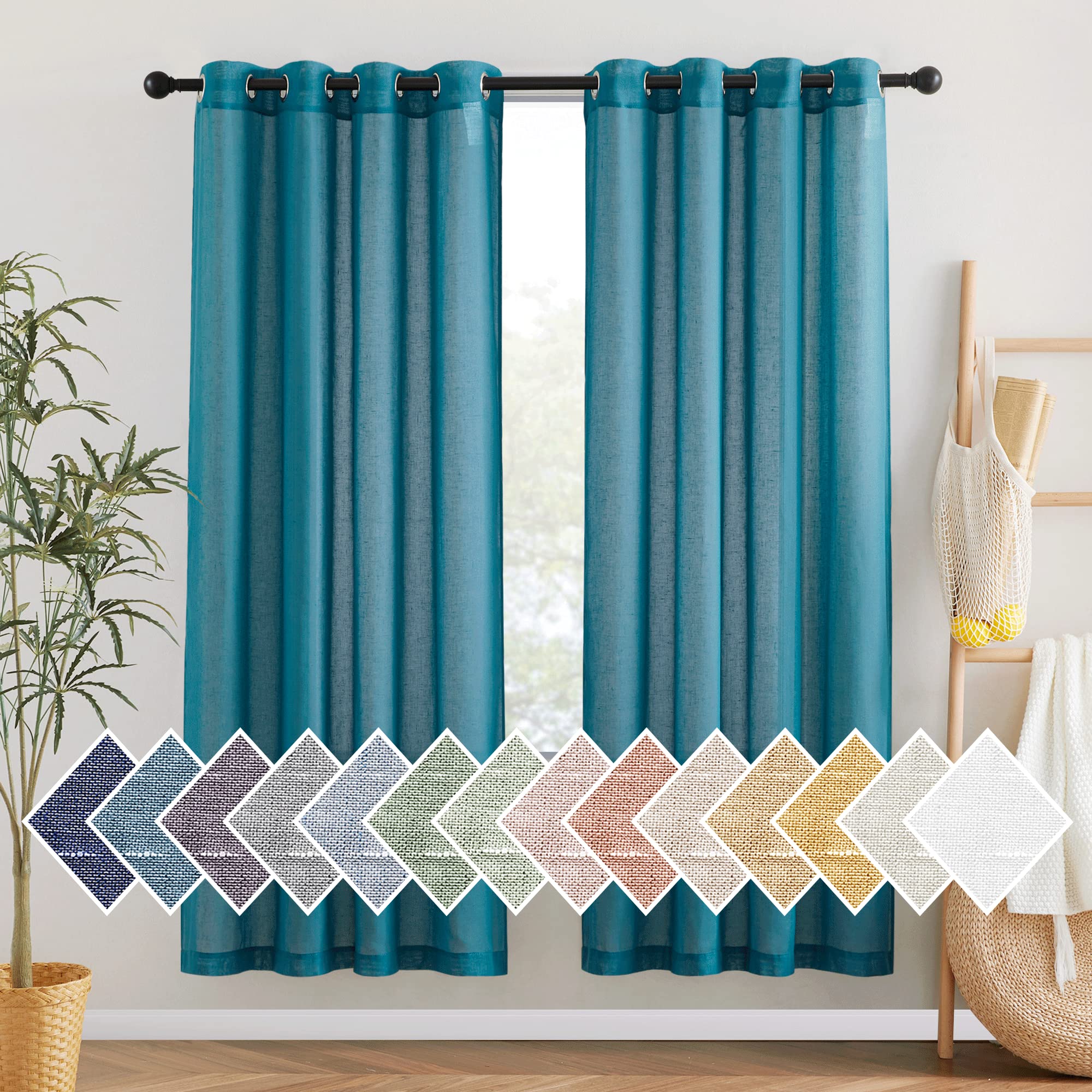 NICETOWN Linen Textured Semi Sheer Curtains 84 inches Length, Eyelet Top Bedroom Window Privacy Translucent Light Filtering Flax Sheer Drapes for Guest Room, 52 inches Wide, 2 Panels, Sea Mist