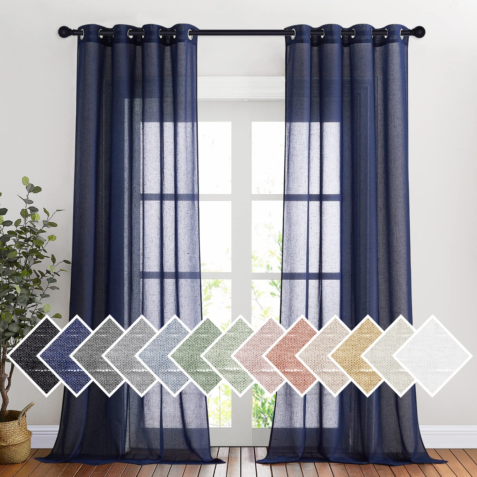 NICETOWN Linen Textured Semi Sheer Curtains 84 inches Length, Eyelet Top Bedroom Window Privacy Translucent Light Filtering Flax Sheer Drapes for Guest Room, 52 inches Wide, 2 Panels, Sea Mist