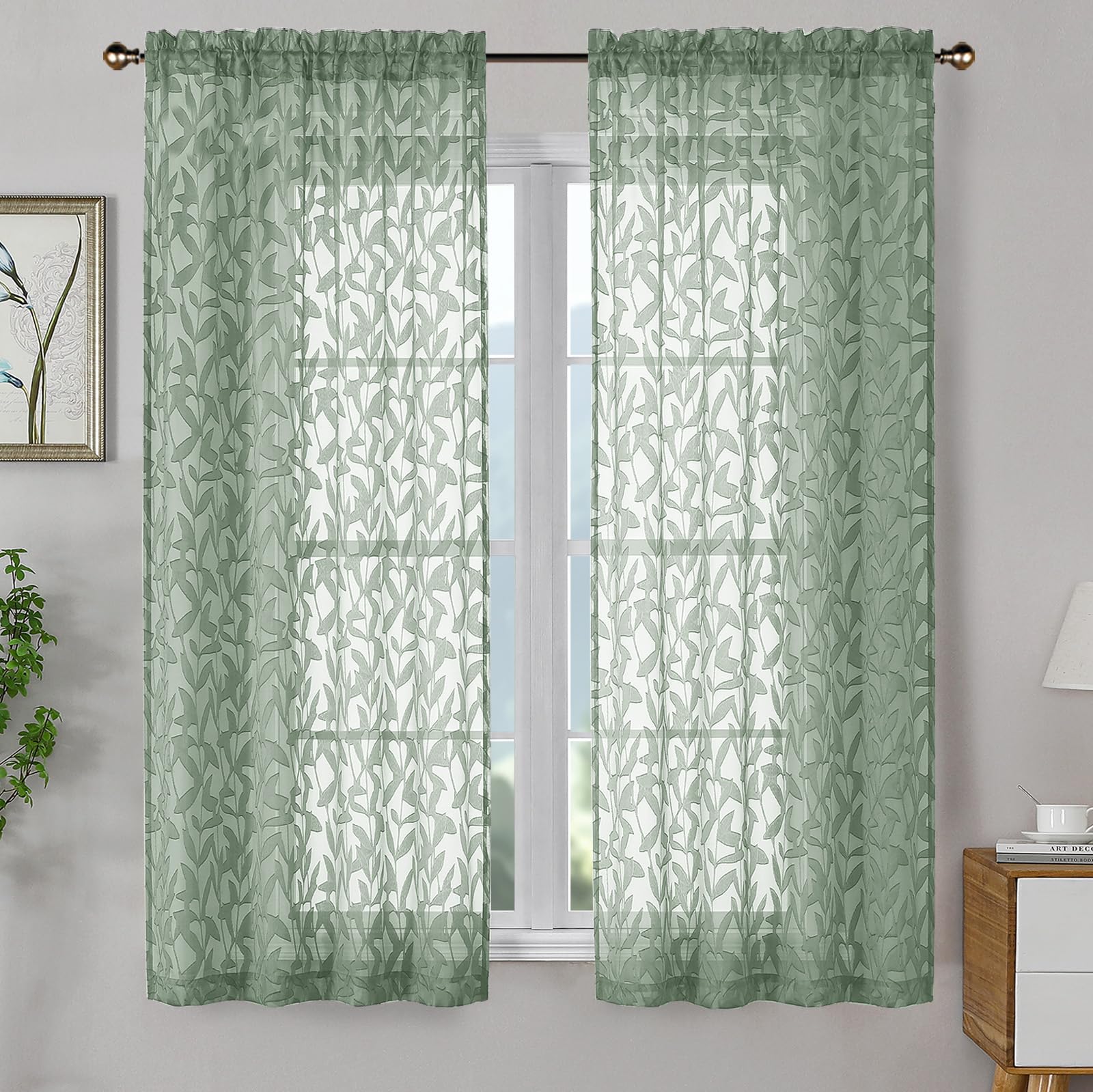OWENIE Leyna 2 Panels Sage Green Sheer Curtains 63 Inch Length for Bedroom, Soft Lightweight Jacquard Clip Window Curtain for Living Room, Double Rod Pockets Textured Drapes, Each 40Wx63L Inches