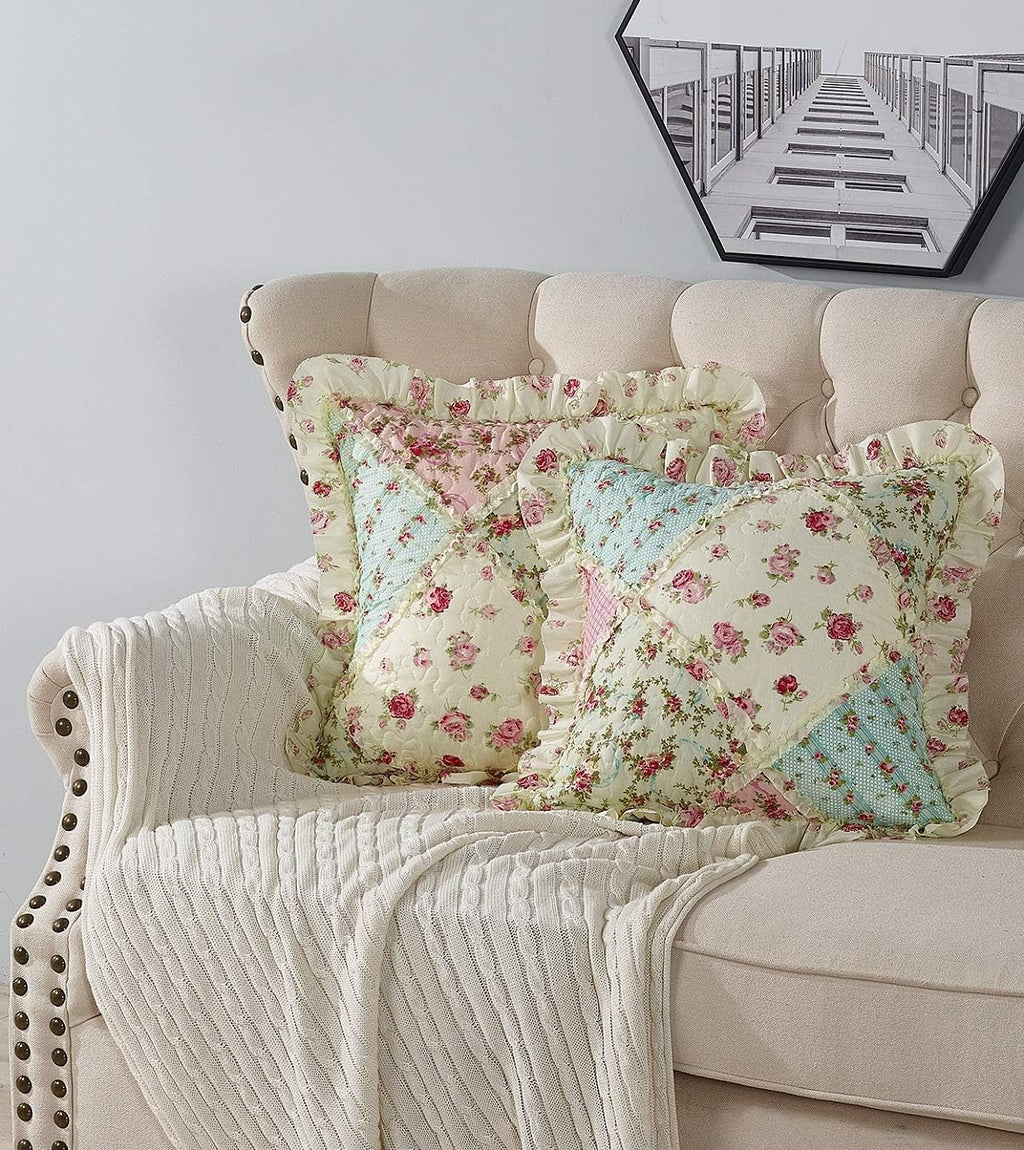Brilliant Sunshine Pink and Green Rose Patchwork Ruffle Pillowshams, Quilted Decorative Pillow Covers Set, Square Throw Cushion Cases for Couch, Recliner, Armchair, Bed, 18x18, Pack of 2, Pink Green