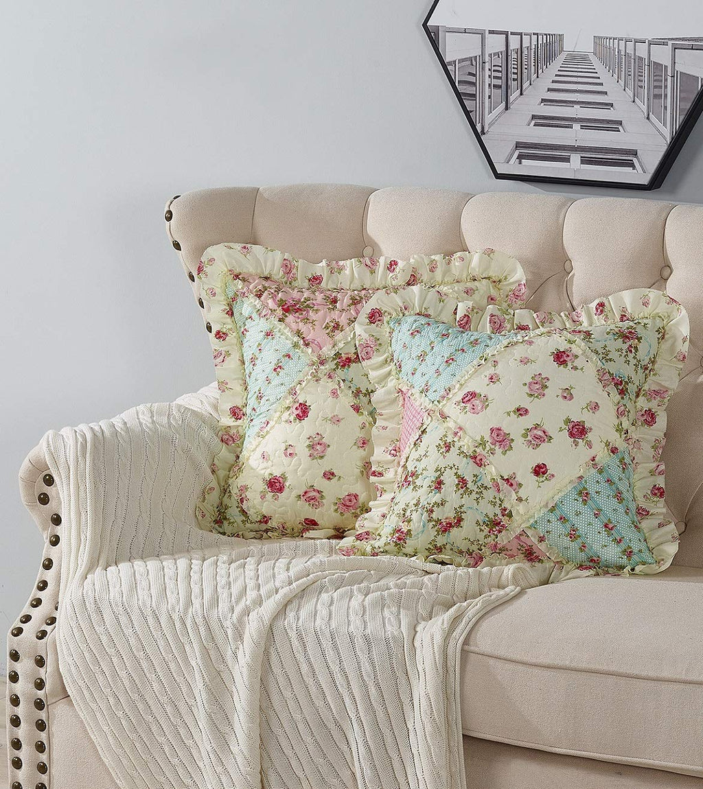 Brilliant Sunshine Pink and Green Rose Patchwork Ruffle Pillowshams, Quilted Decorative Pillow Covers Set, Square Throw Cushion Cases for Couch, Recliner, Armchair, Bed, 18x18, Pack of 2, Pink Green