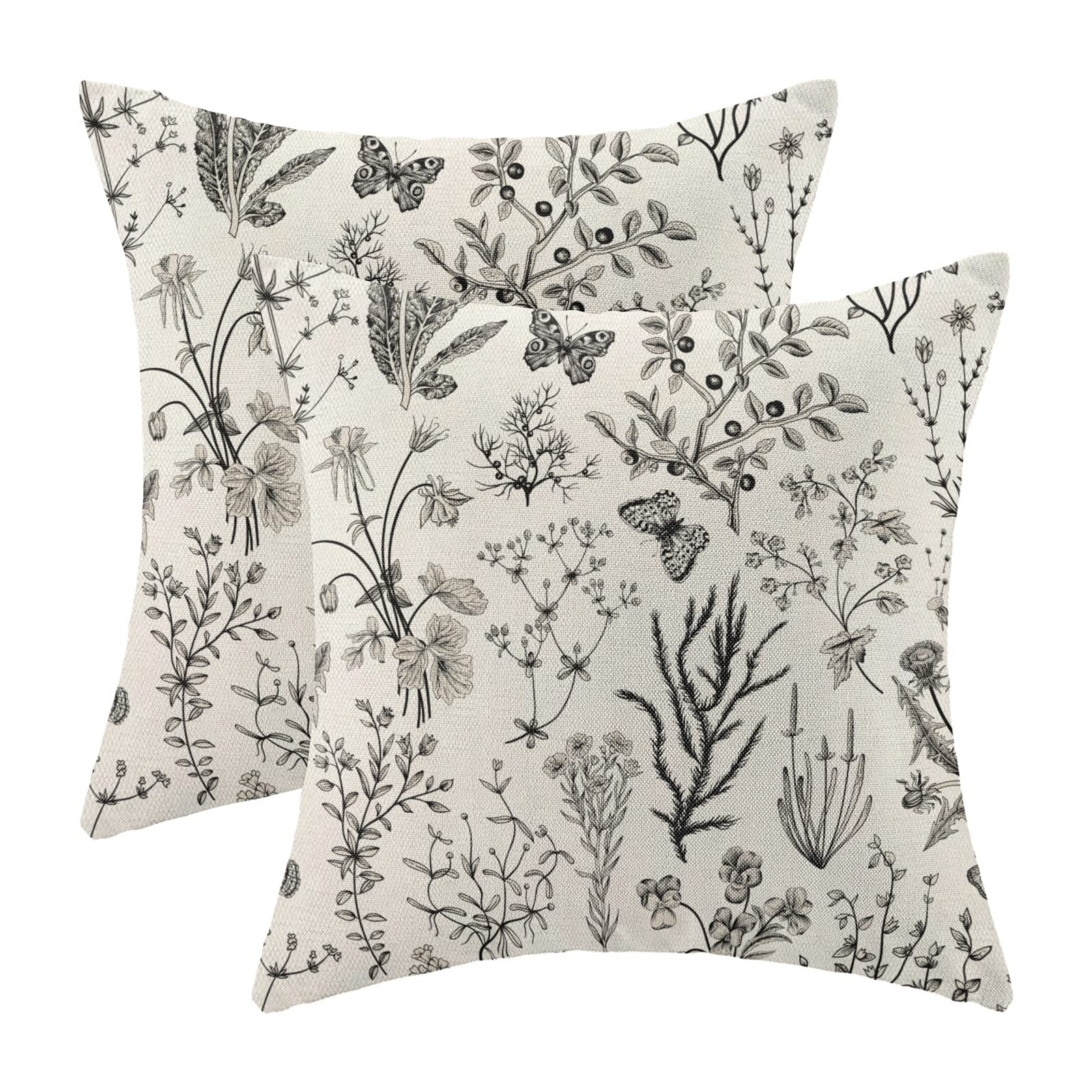 AEIOAE Spring Pillow Covers 18x18 Inch Set of 2,Sage Green Wild Flower Plant Throw Pillows Case,Seasonal Floral Outdoor Decorative Square Linen Farmhouse Decor Cushion Covers for Home Sofa Bed Couch