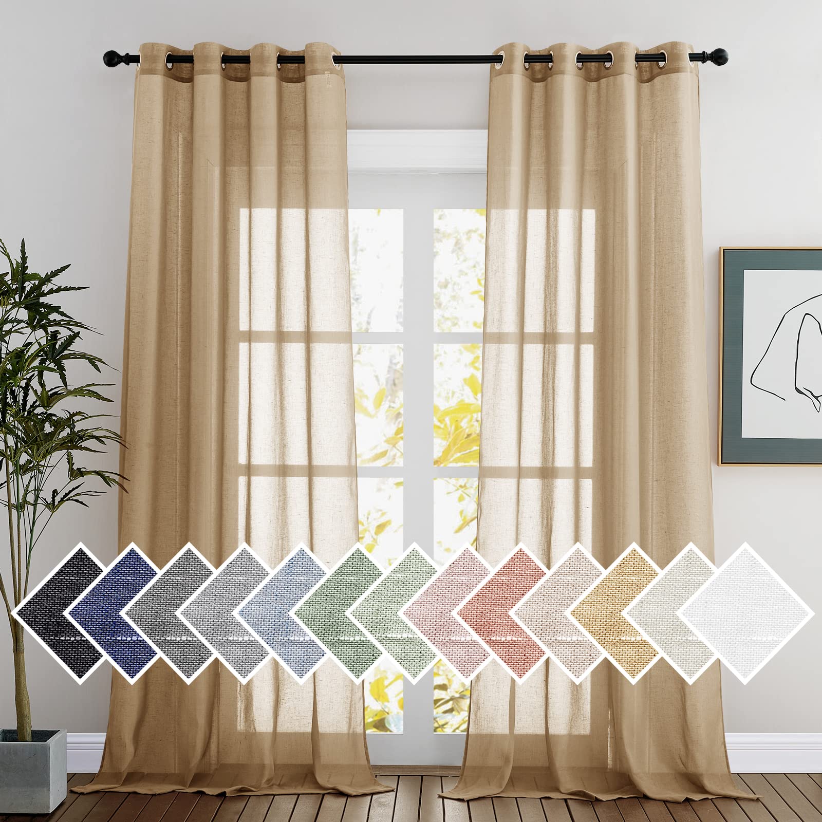 NICETOWN Linen Textured Semi Sheer Curtains 84 inches Length, Eyelet Top Bedroom Window Privacy Translucent Light Filtering Flax Sheer Drapes for Guest Room, 52 inches Wide, 2 Panels, Sea Mist