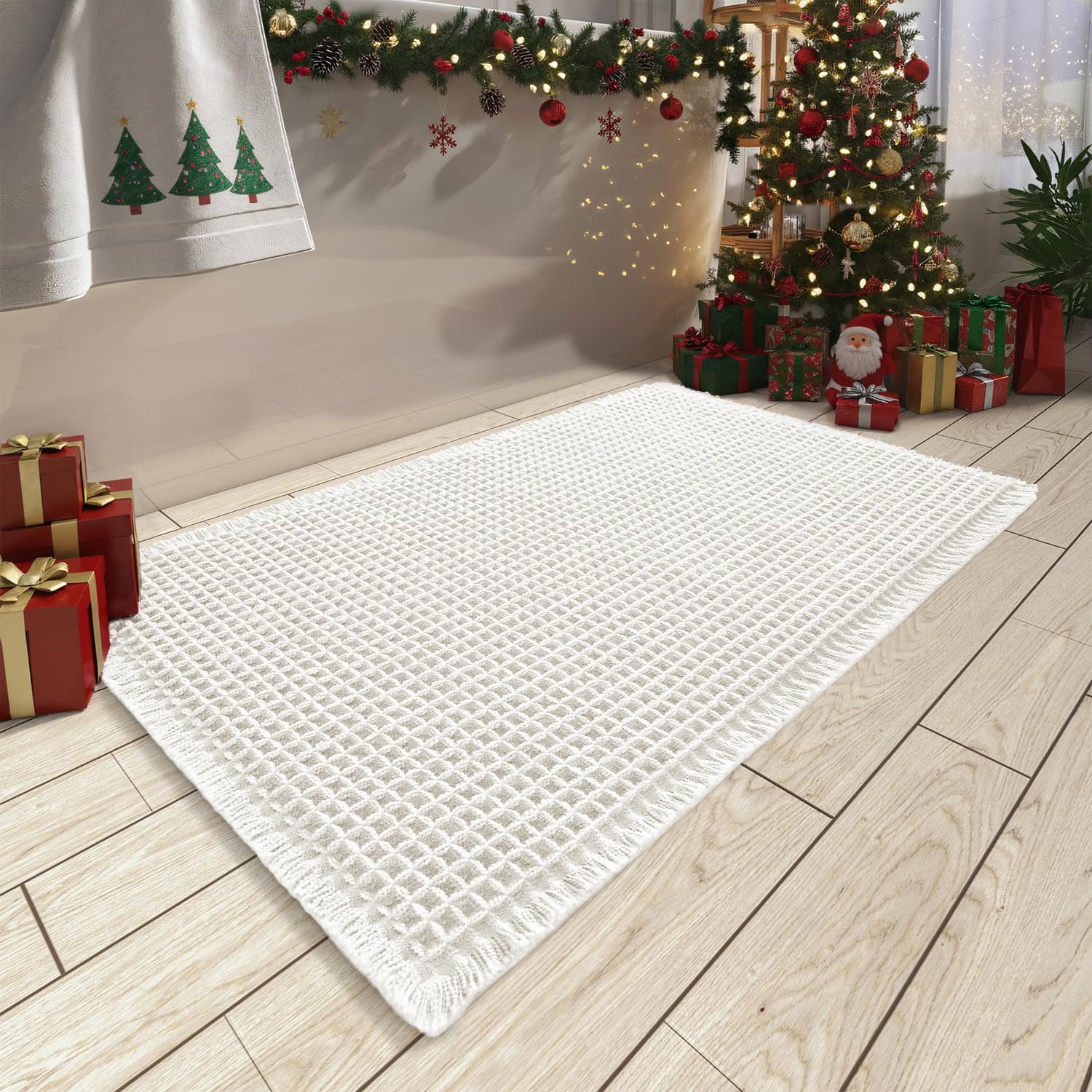 AMOAMI Upgraded Waffle Bath Mat, Super Absorbent Non Slip Bath Mats for Bathroom Floor, Machine Washable Bathroom Rugs with Tassels, Rubber Backed Bathroom Mats, Ultra Soft, 17" x 24", Brown