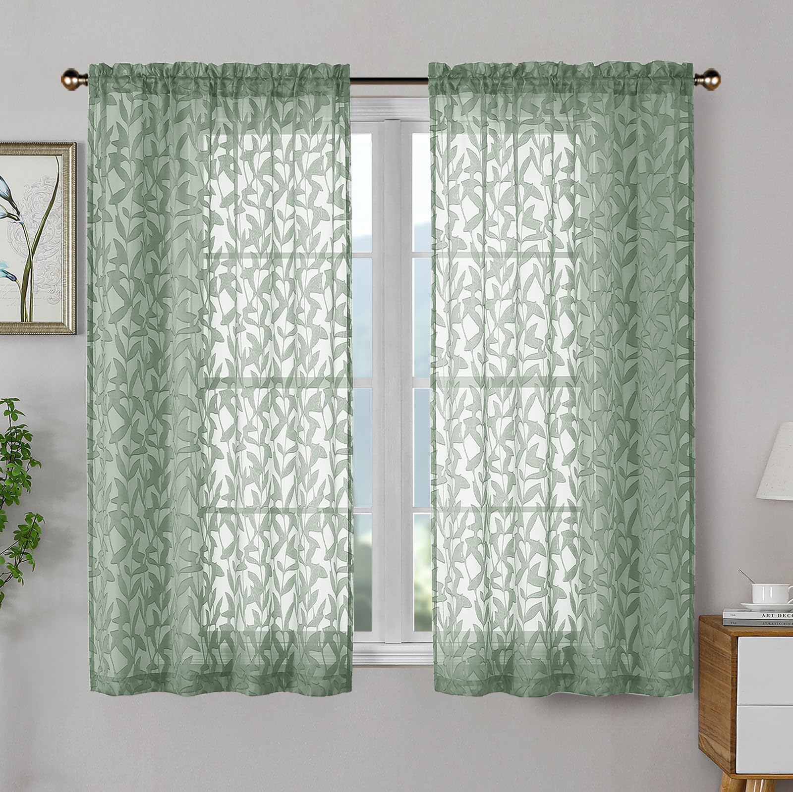 OWENIE Leyna 2 Panels Sage Green Sheer Curtains 63 Inch Length for Bedroom, Soft Lightweight Jacquard Clip Window Curtain for Living Room, Double Rod Pockets Textured Drapes, Each 40Wx63L Inches