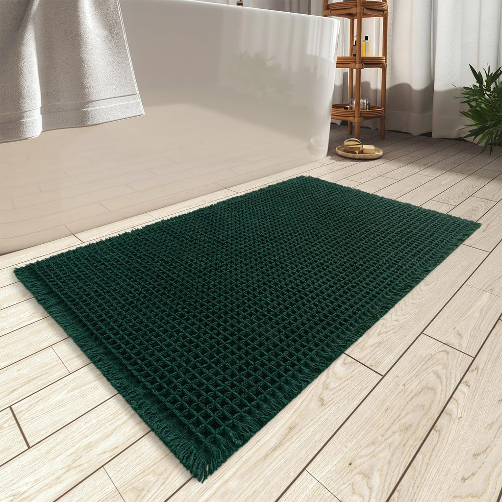 AMOAMI Upgraded Waffle Bath Mat, Super Absorbent Non Slip Bath Mats for Bathroom Floor, Machine Washable Bathroom Rugs with Tassels, Rubber Backed Bathroom Mats, Ultra Soft, 17" x 24", Brown