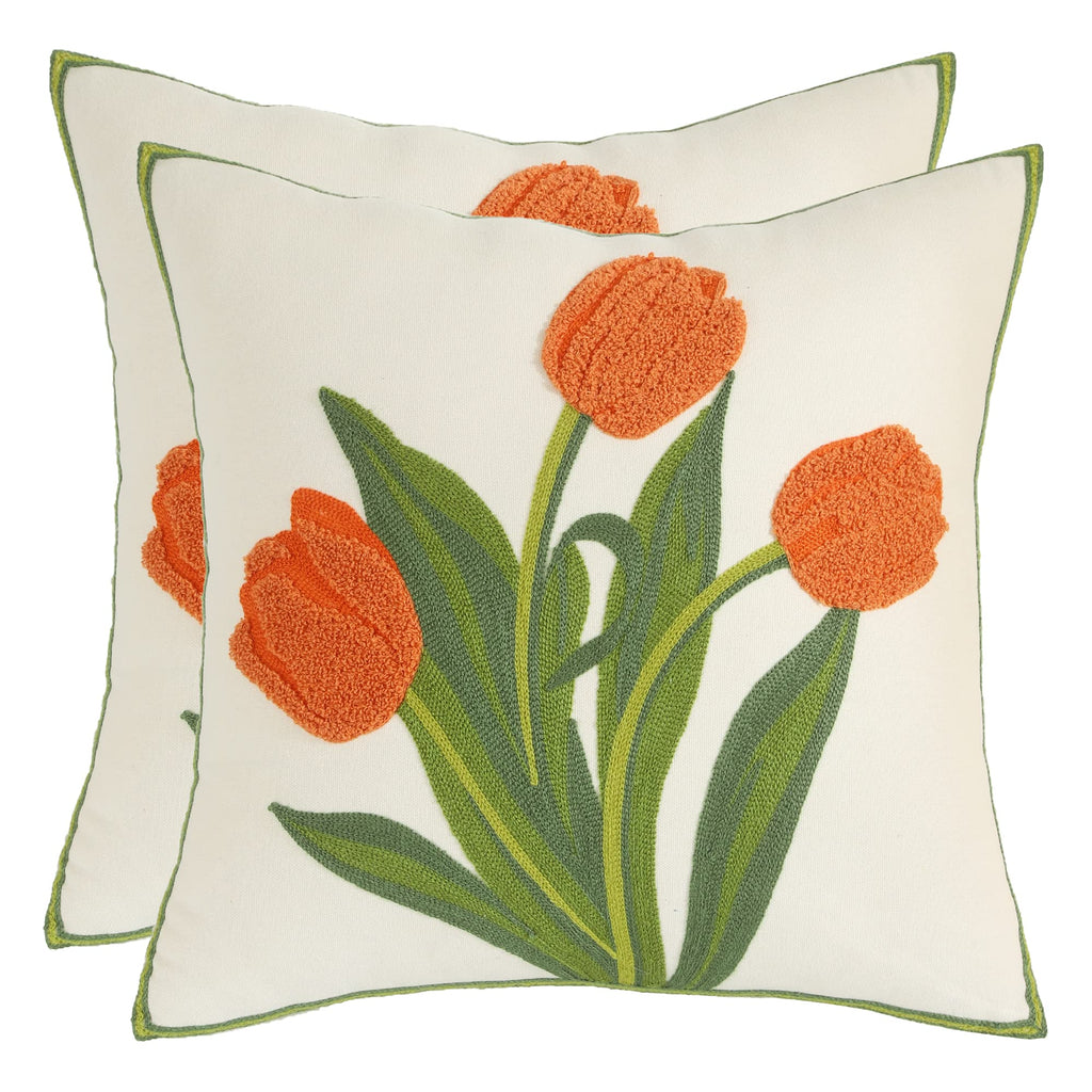 Pack of 2 18x18 Inch Embroidered Pink Tulip Green Leaves Tufted Throw Pillow Covers Square Floral Farmhouse Decor Cushion Cases