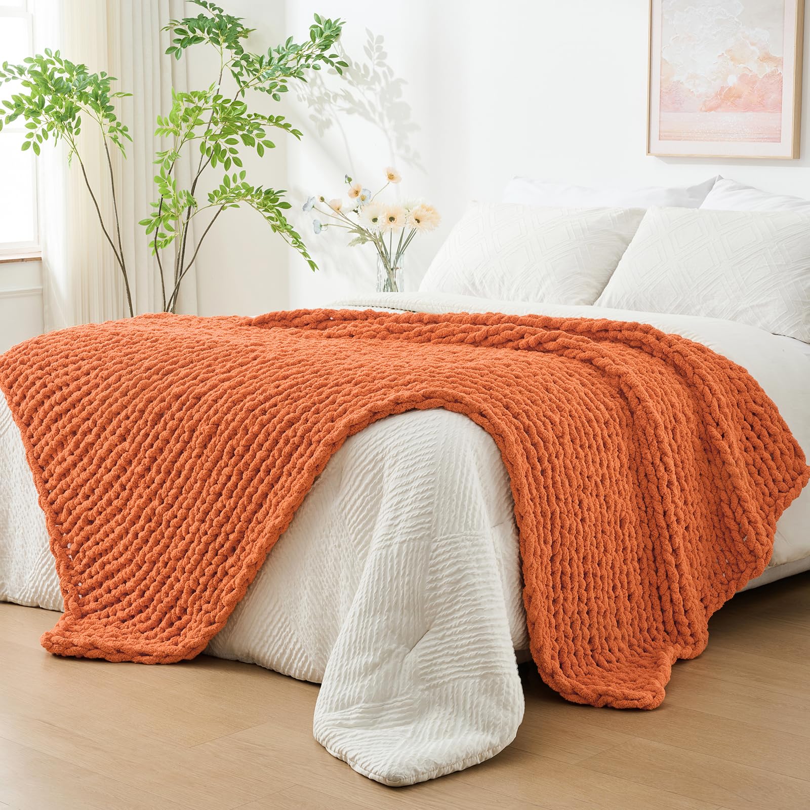 Bigacogo Chunky Knit Throw Blanket for Couch, 40x60 inches, 100% Hand Knitted with Thick Jumbo Chenille Yarn, Cozy Soft Large Rope Knot Cable Crochet Blankets for Sofa Bed Living Room, Beige