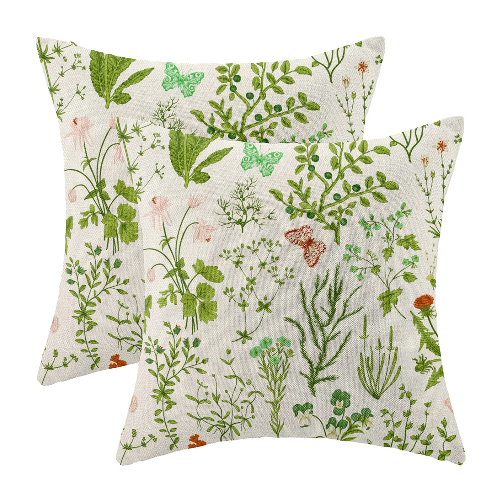 AEIOAE Spring Pillow Covers 18x18 Inch Set of 2,Sage Green Wild Flower Plant Throw Pillows Case,Seasonal Floral Outdoor Decorative Square Linen Farmhouse Decor Cushion Covers for Home Sofa Bed Couch