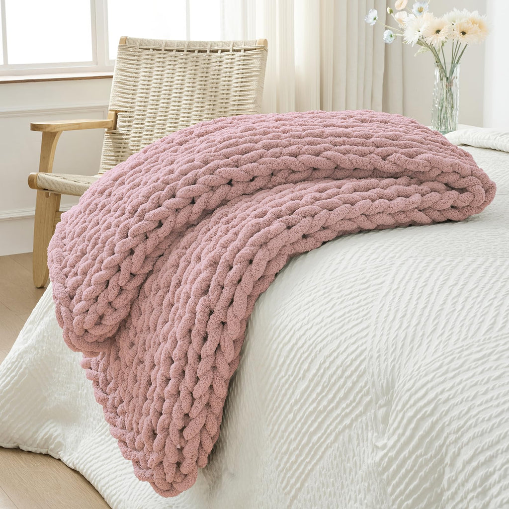 Bigacogo Chunky Knit Throw Blanket for Couch, 40x40 inches, 100% Hand Knitted with Thick Jumbo Chenille Yarn, Cozy Soft Large Rope Knot Cable Crochet Blankets for Sofa Bed Living Room, Dusty Blue