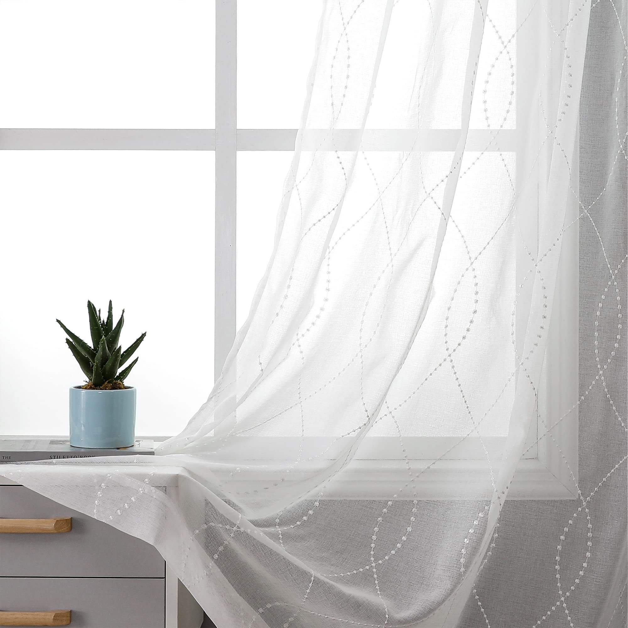 VISIONTEX White Sheer Curtains 84 Inches Long 2 Panels, Light Filtering Grey Moroccan Trellis Embroidered Semi Sheer Voile Drapes, Rod Pocket Textured Window Curtain for Bedroom Living Room 54W x 84L