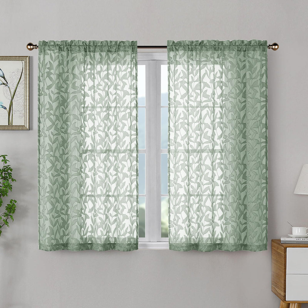 OWENIE Leyna 2 Panels Sage Green Sheer Curtains 63 Inch Length for Bedroom, Soft Lightweight Jacquard Clip Window Curtain for Living Room, Double Rod Pockets Textured Drapes, Each 40Wx63L Inches