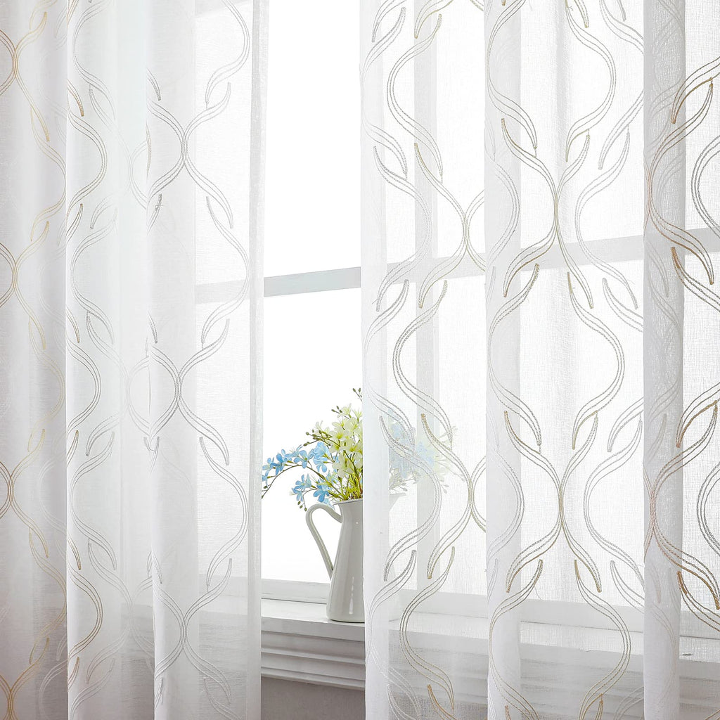 VISIONTEX White Sheer Curtains 84 Inches Long 2 Panels, Light Filtering Grey Moroccan Trellis Embroidered Semi Sheer Voile Drapes, Rod Pocket Textured Window Curtain for Bedroom Living Room 54W x 84L