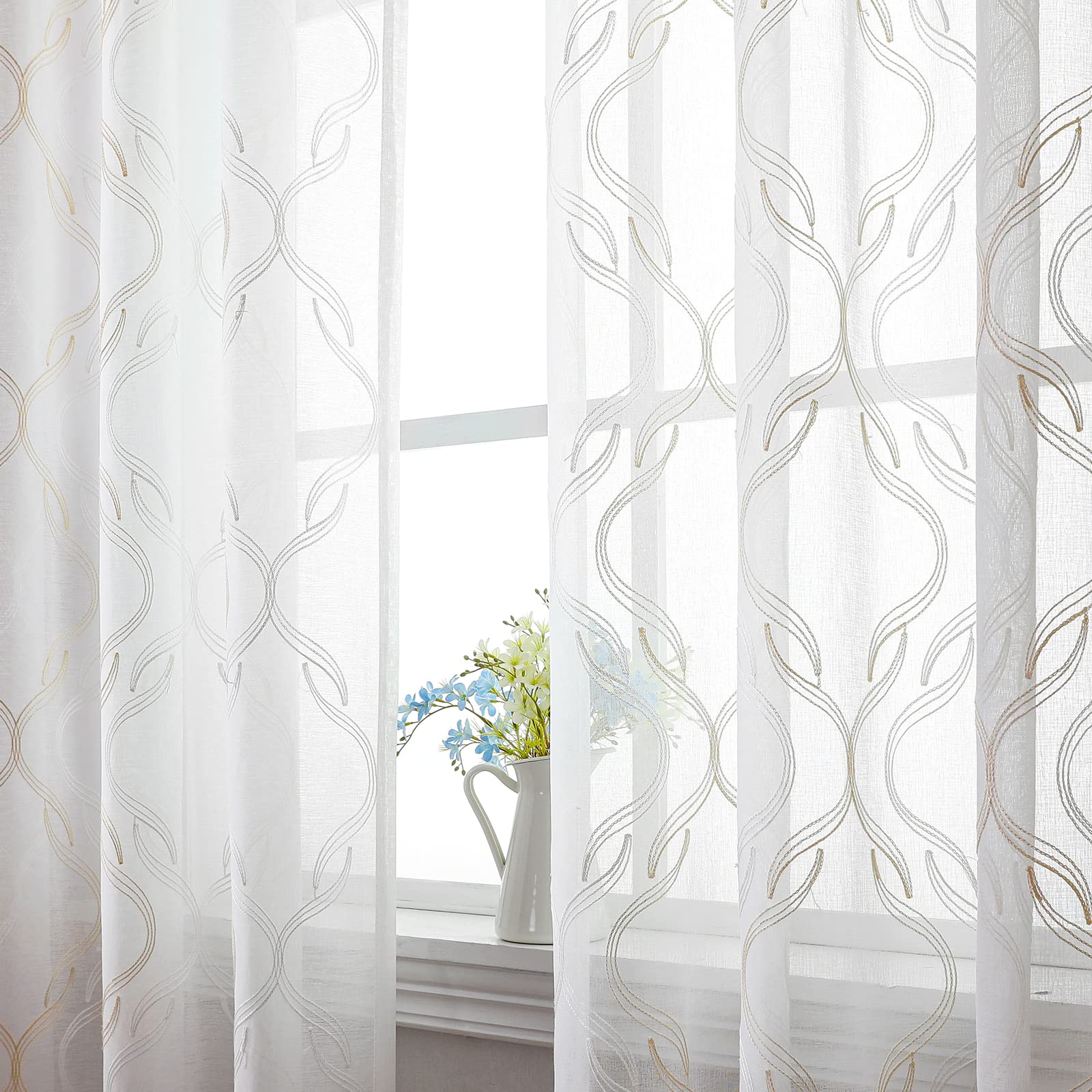 VISIONTEX White Sheer Curtains 84 Inches Long 2 Panels, Light Filtering Grey Moroccan Trellis Embroidered Semi Sheer Voile Drapes, Rod Pocket Textured Window Curtain for Bedroom Living Room 54W x 84L