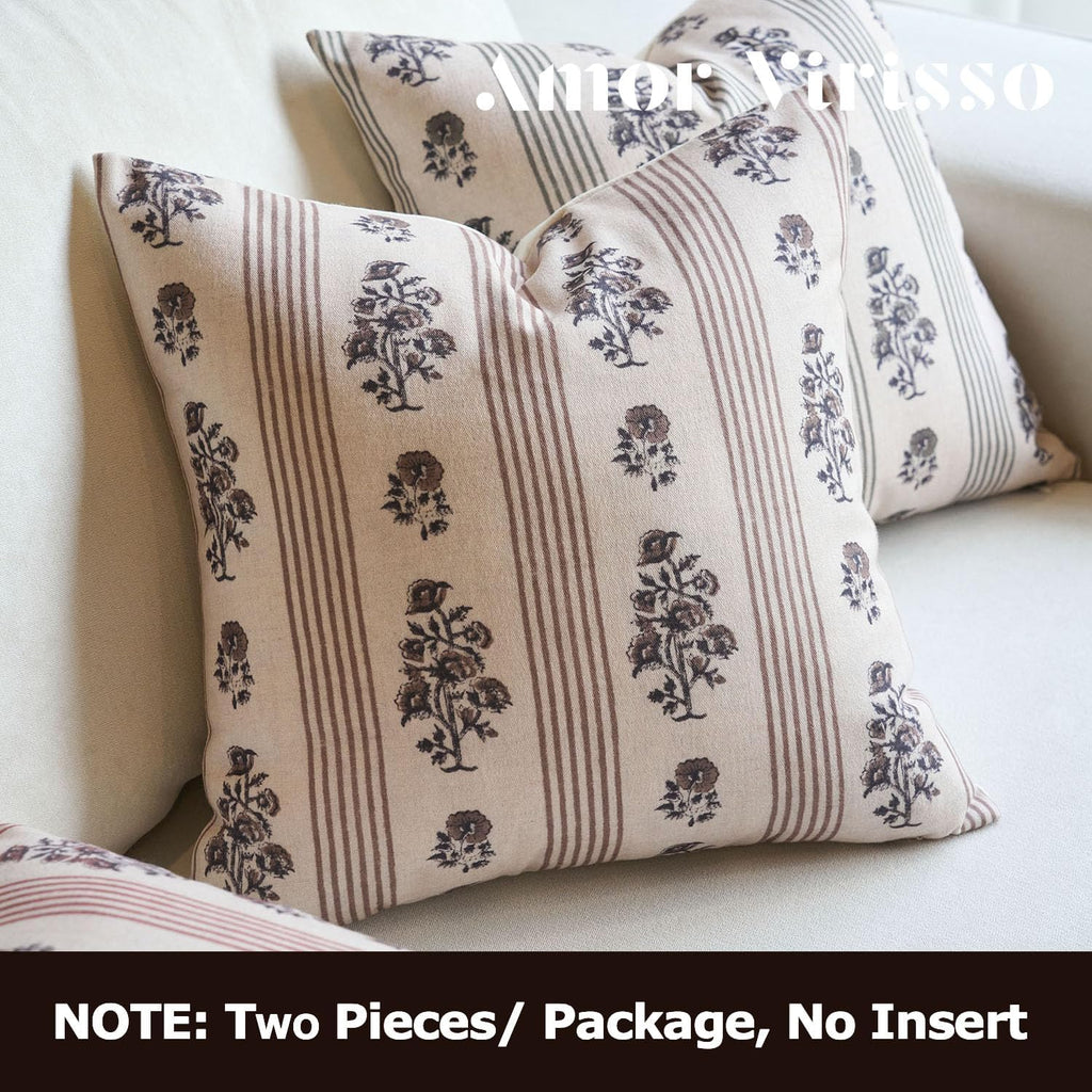 Amor Virisso Farmhouse Floral Throw Pillow Covers 18x18 Set of 2 Block Print Pillow Covers Neutral Boho Floral Striped Decorative Pillow Covers for Sofa Couch Bed, Brown