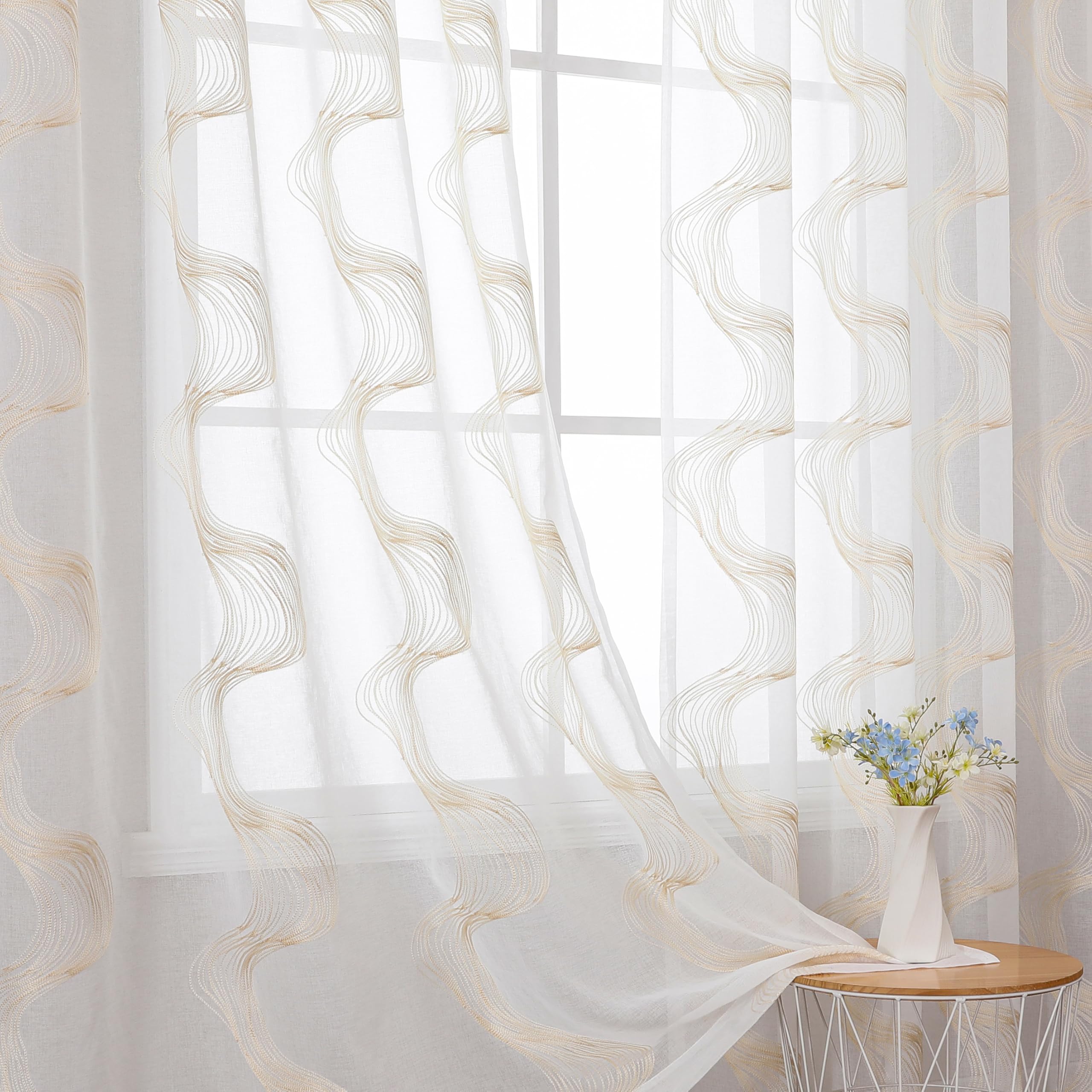 VISIONTEX White Sheer Curtains 84 Inches Long 2 Panels, Light Filtering Grey Moroccan Trellis Embroidered Semi Sheer Voile Drapes, Rod Pocket Textured Window Curtain for Bedroom Living Room 54W x 84L
