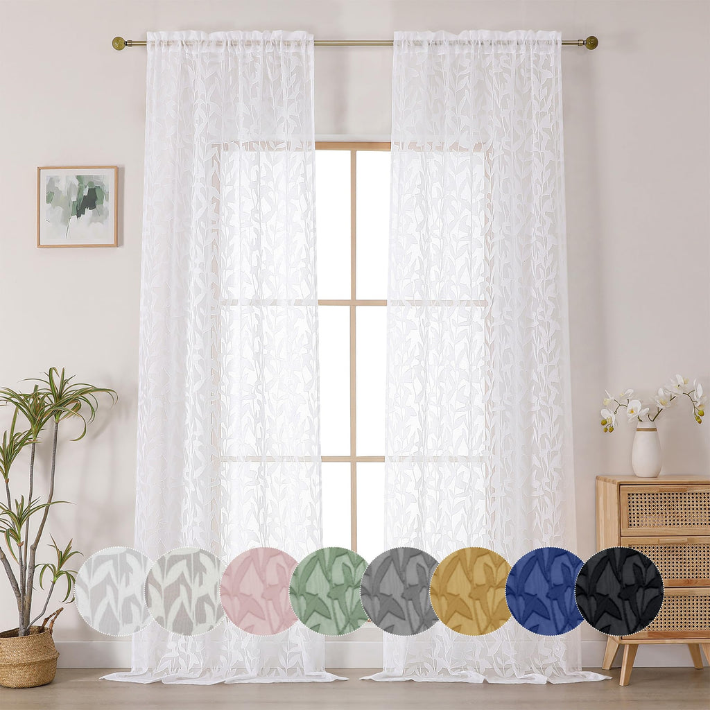 OWENIE Leyna 2 Panels Sage Green Sheer Curtains 63 Inch Length for Bedroom, Soft Lightweight Jacquard Clip Window Curtain for Living Room, Double Rod Pockets Textured Drapes, Each 40Wx63L Inches