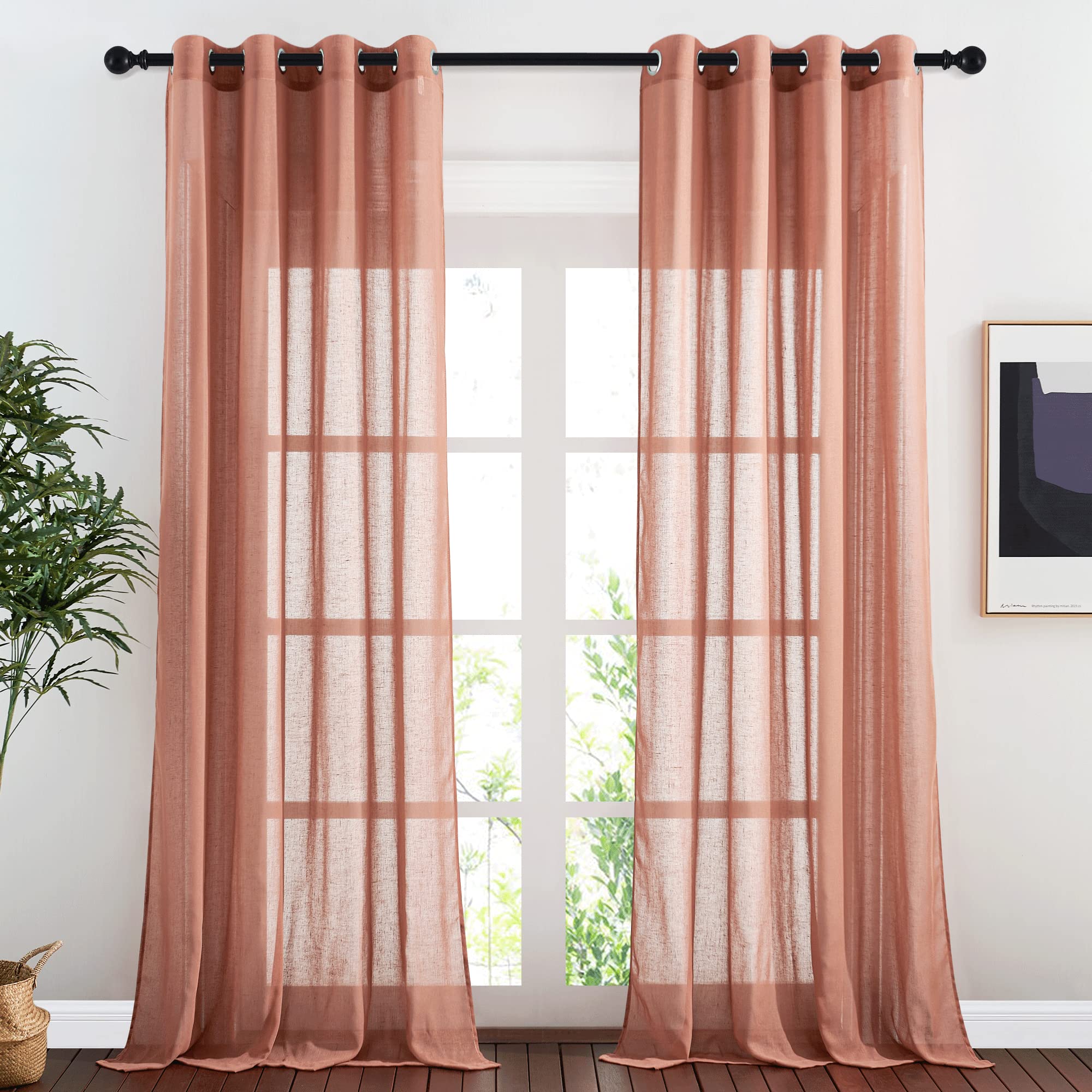 NICETOWN Linen Textured Semi Sheer Curtains 84 inches Length, Eyelet Top Bedroom Window Privacy Translucent Light Filtering Flax Sheer Drapes for Guest Room, 52 inches Wide, 2 Panels, Sea Mist