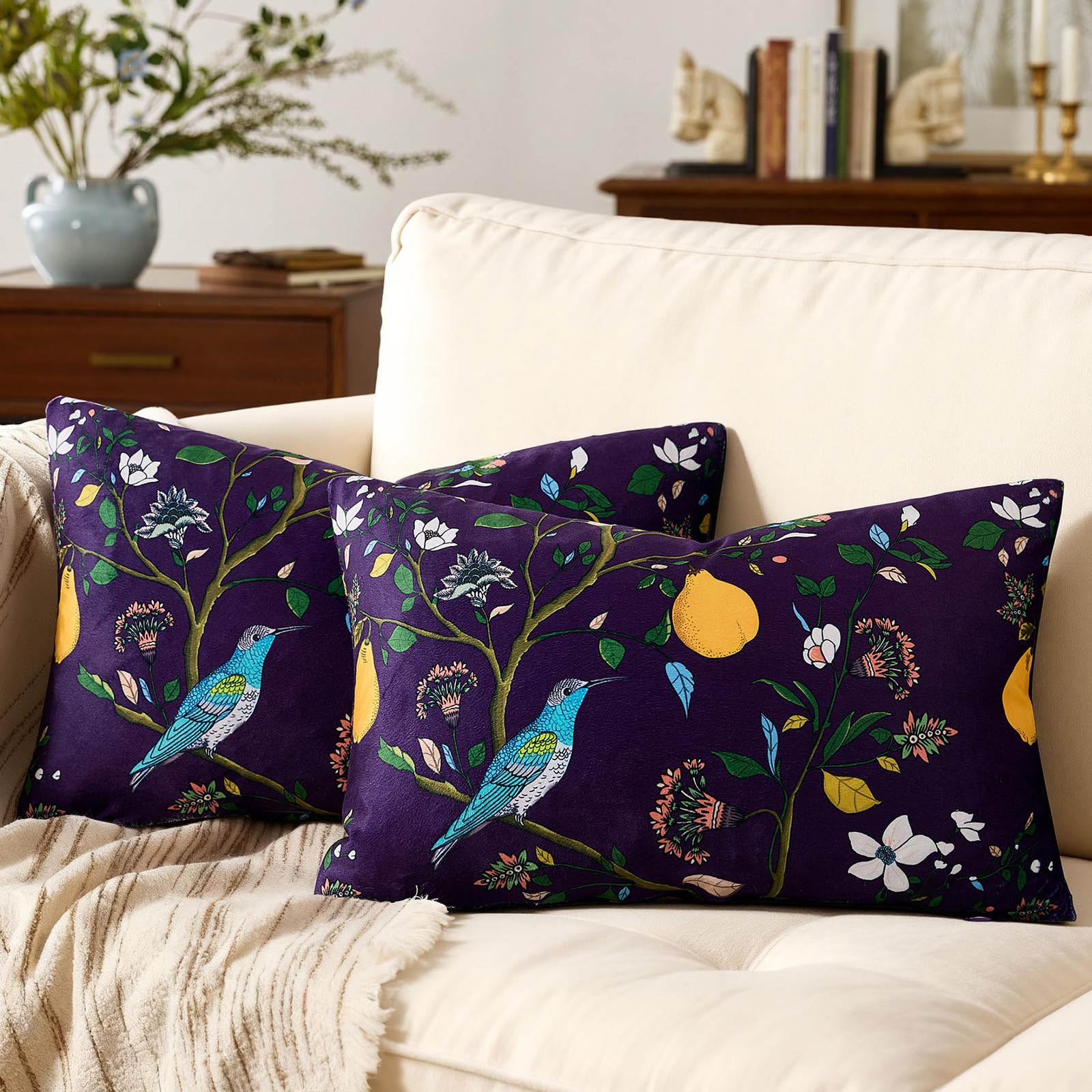 Mustard Yellow Floral Pillow Covers 18x18 Set of 2, Velvet Wild Flower Plant Throw Pillows Case, Square Farmhouse Decor Cushion Covers for Home Sofa Bed Couch