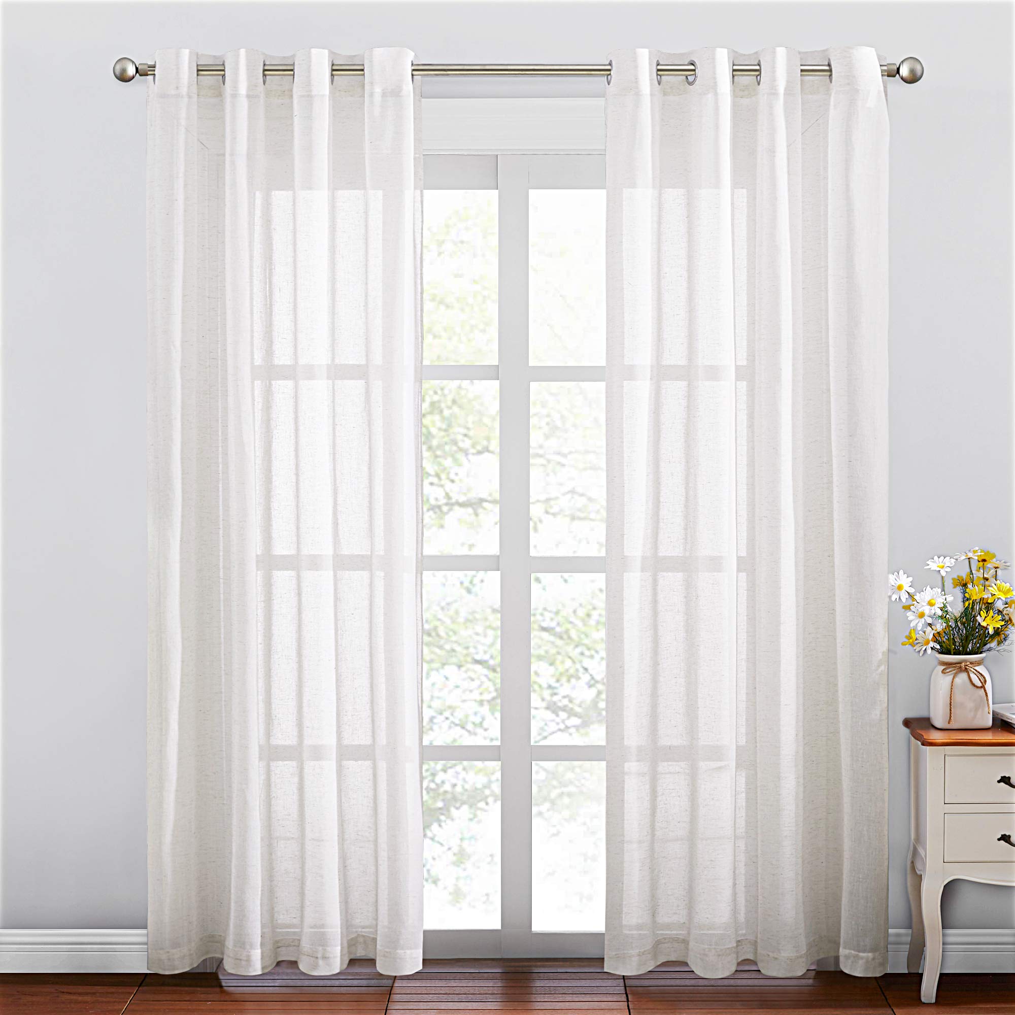 NICETOWN Linen Textured Semi Sheer Curtains 84 inches Length, Eyelet Top Bedroom Window Privacy Translucent Light Filtering Flax Sheer Drapes for Guest Room, 52 inches Wide, 2 Panels, Sea Mist