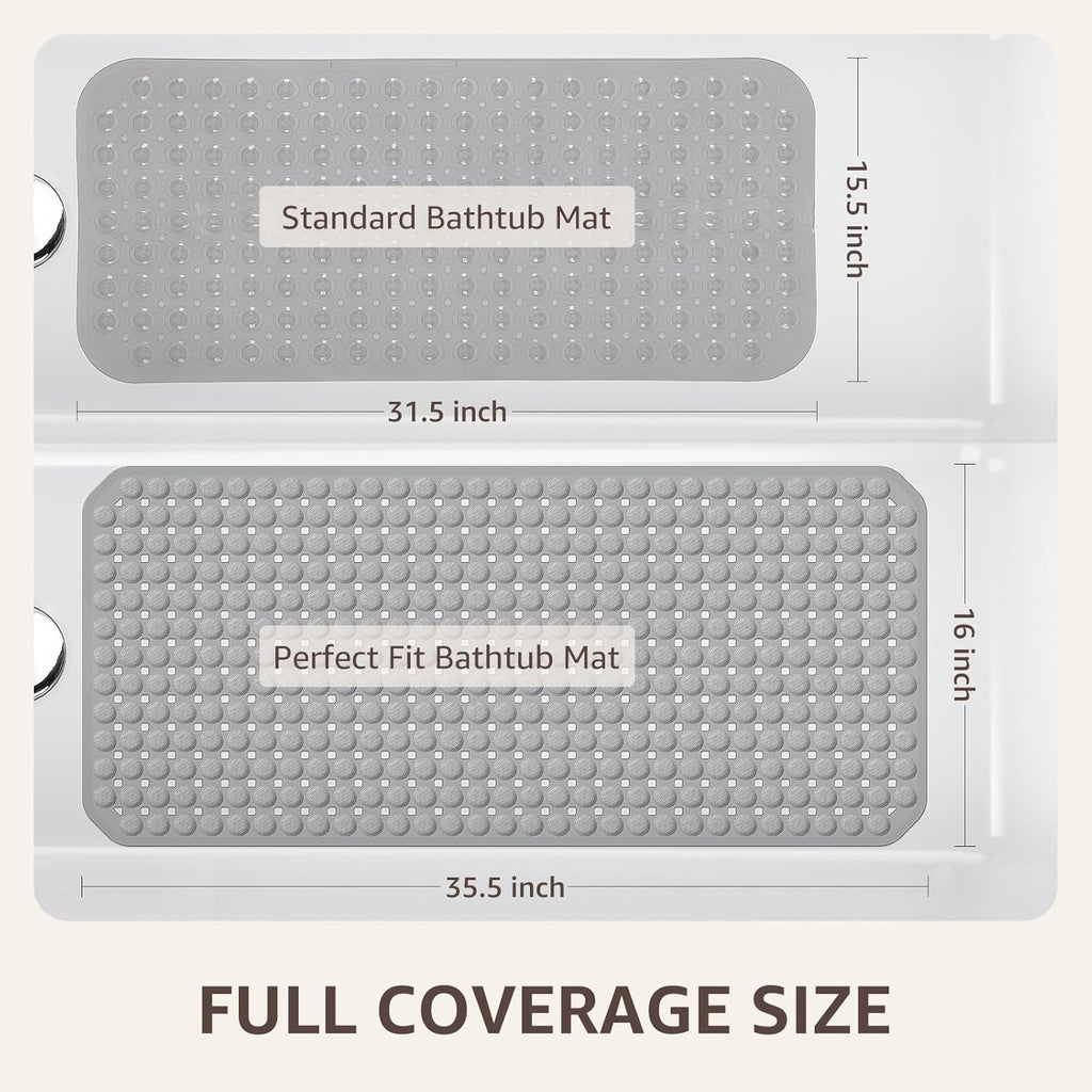 35x16 Inch Grey Non Slip Bathtub Shower Mat with Suction Cups Drain Holes Foot Scrubber Machine Washable Bathroom Floor Liner