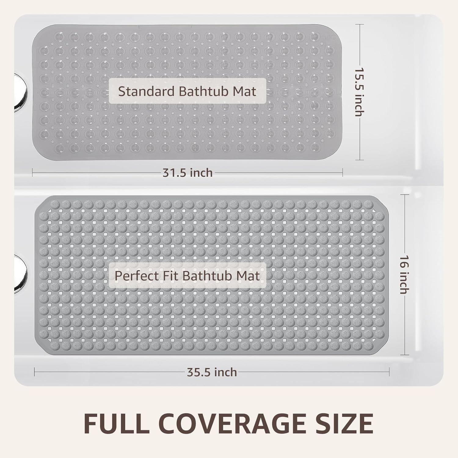 35x16 Inch Grey Non Slip Bathtub Shower Mat with Suction Cups Drain Holes Foot Scrubber Machine Washable Bathroom Floor Liner