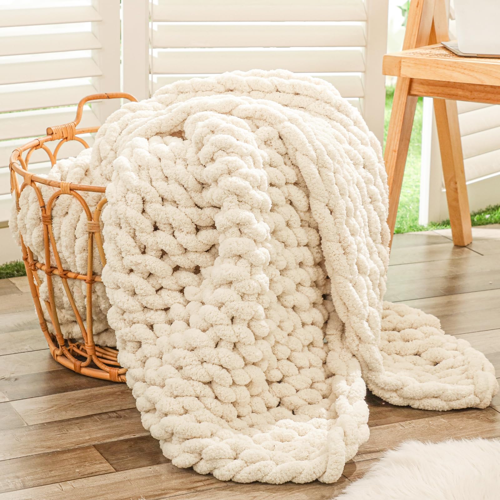 Bigacogo Chunky Knit Throw Blanket for Couch, 40x40 inches, 100% Hand Knitted with Thick Jumbo Chenille Yarn, Cozy Soft Large Rope Knot Cable Crochet Blankets for Sofa Bed Living Room, Dusty Blue